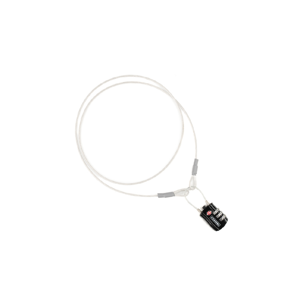 A silver cable lock with a black combination lock on a white background.