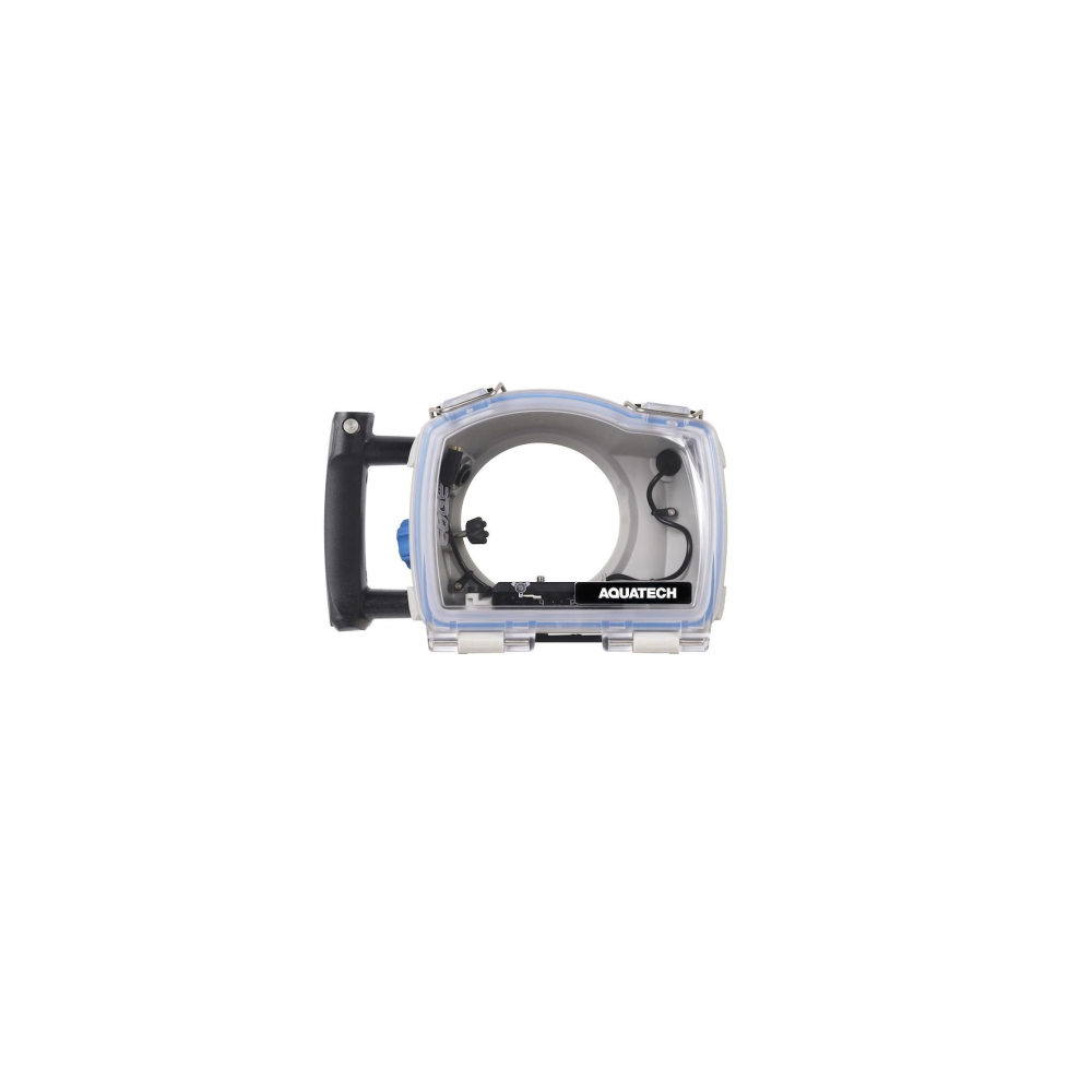 Transparante camerahouder met handvat en Aquatech-logo.