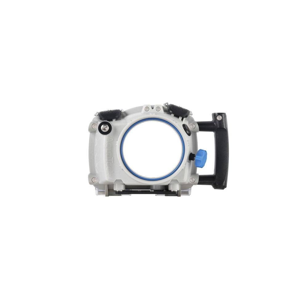Grijze onderwatercamera behuizing met handvat en blauwe accenten.