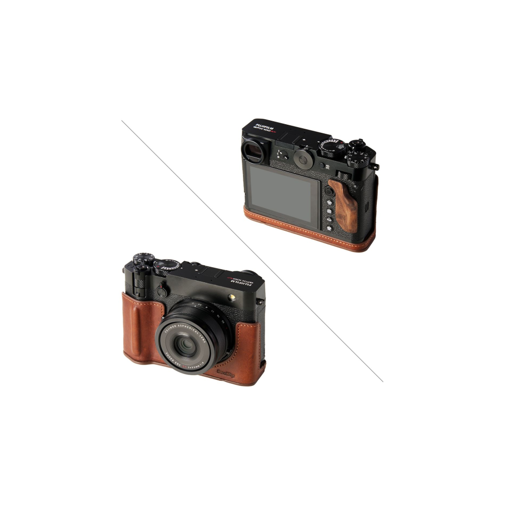 Two black cameras with brown leather cases, one in front, one behind.