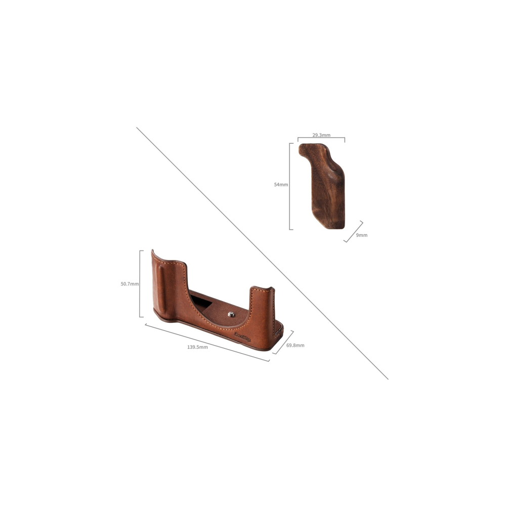 A brown leather camera grip and a wooden grip with dimensions.