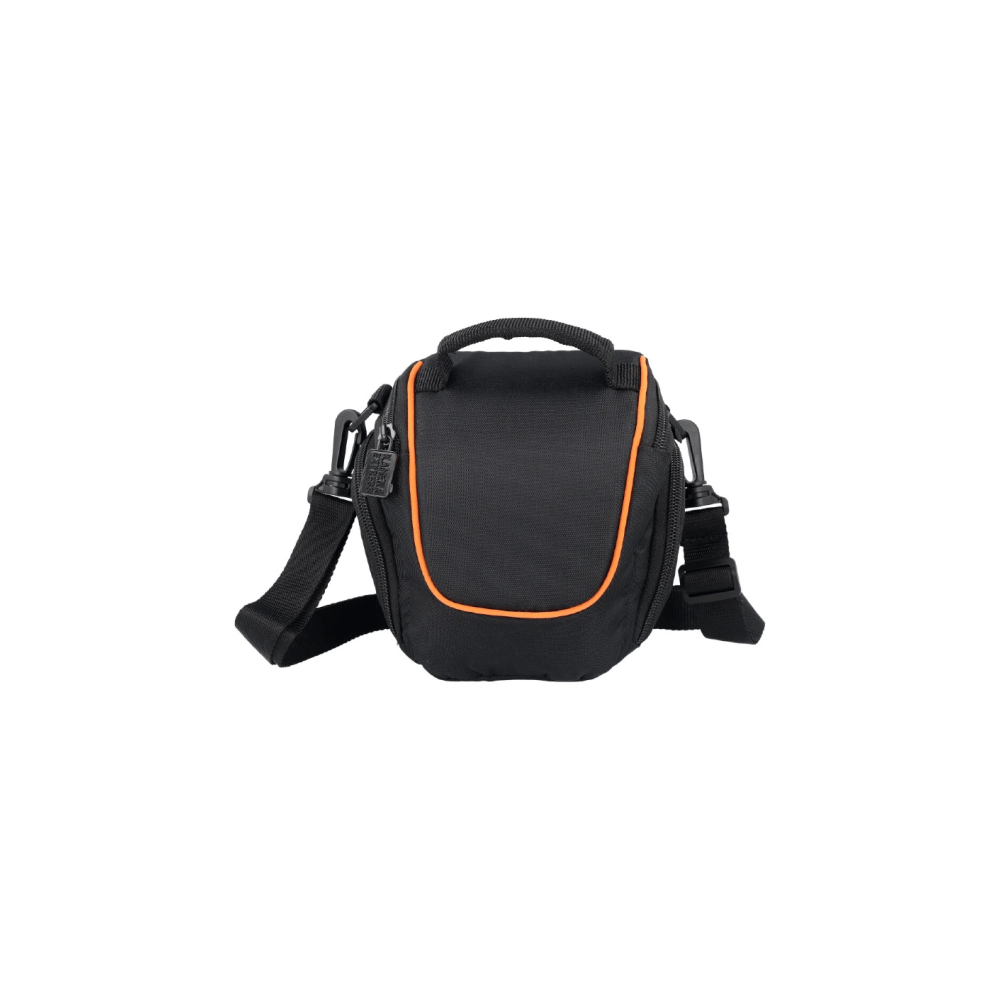 A black camera bag with orange trim and a shoulder strap is shown against a white background.