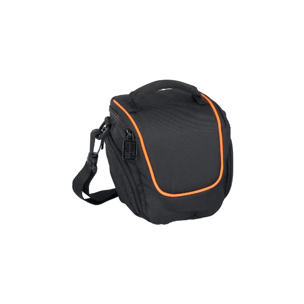 A black camera bag with orange trim and a handle sits on a white background.