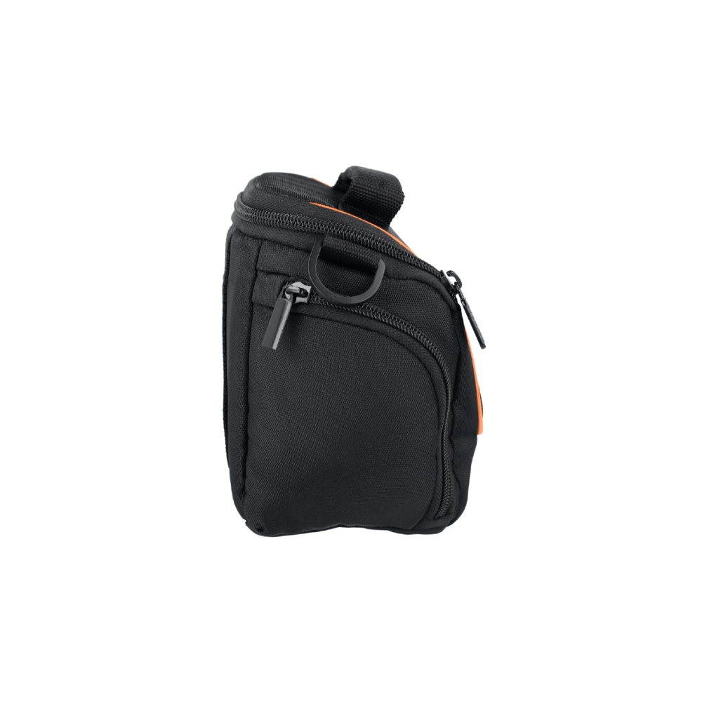 A black camera bag with orange trim and zippers.