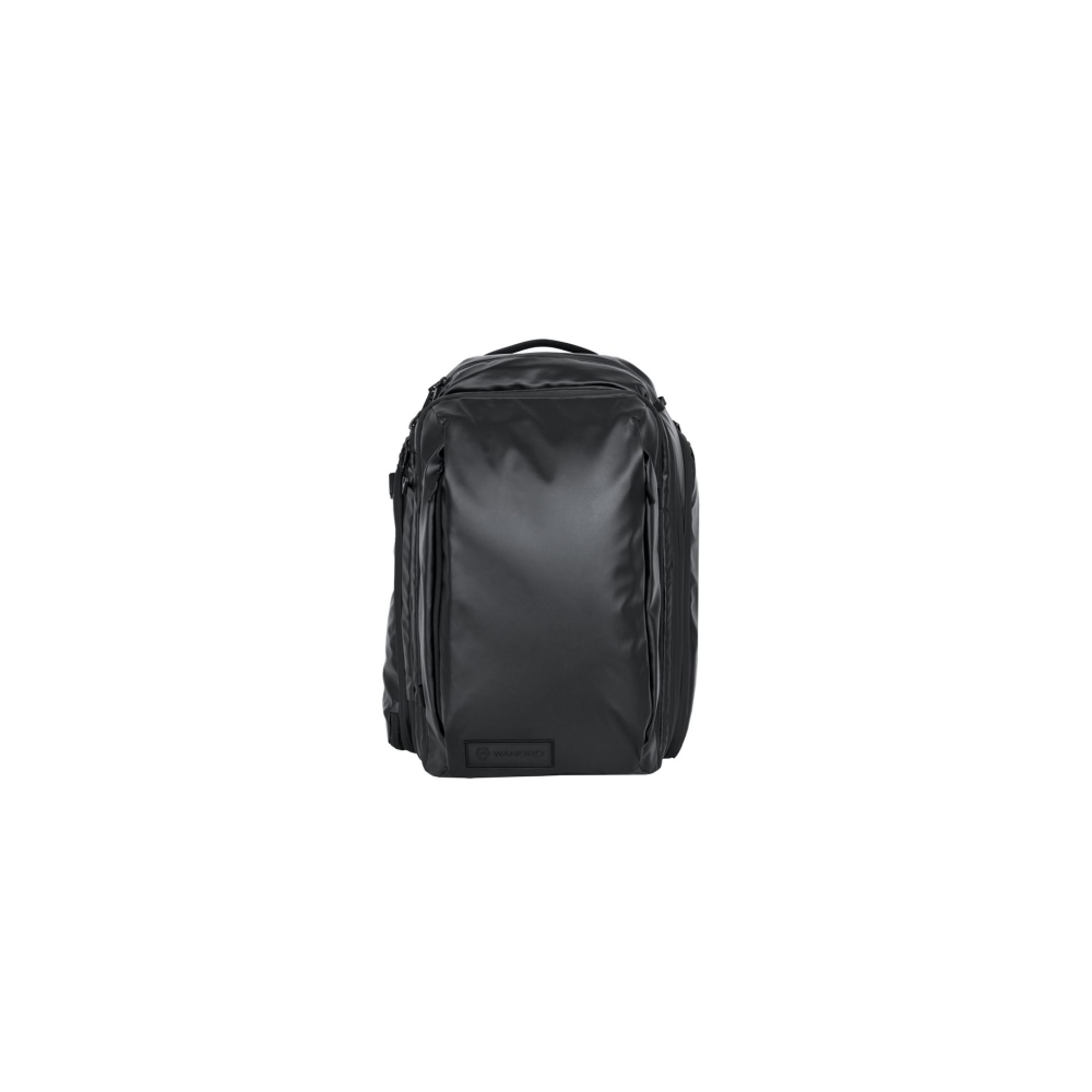A black backpack with zippers and a logo on the front.