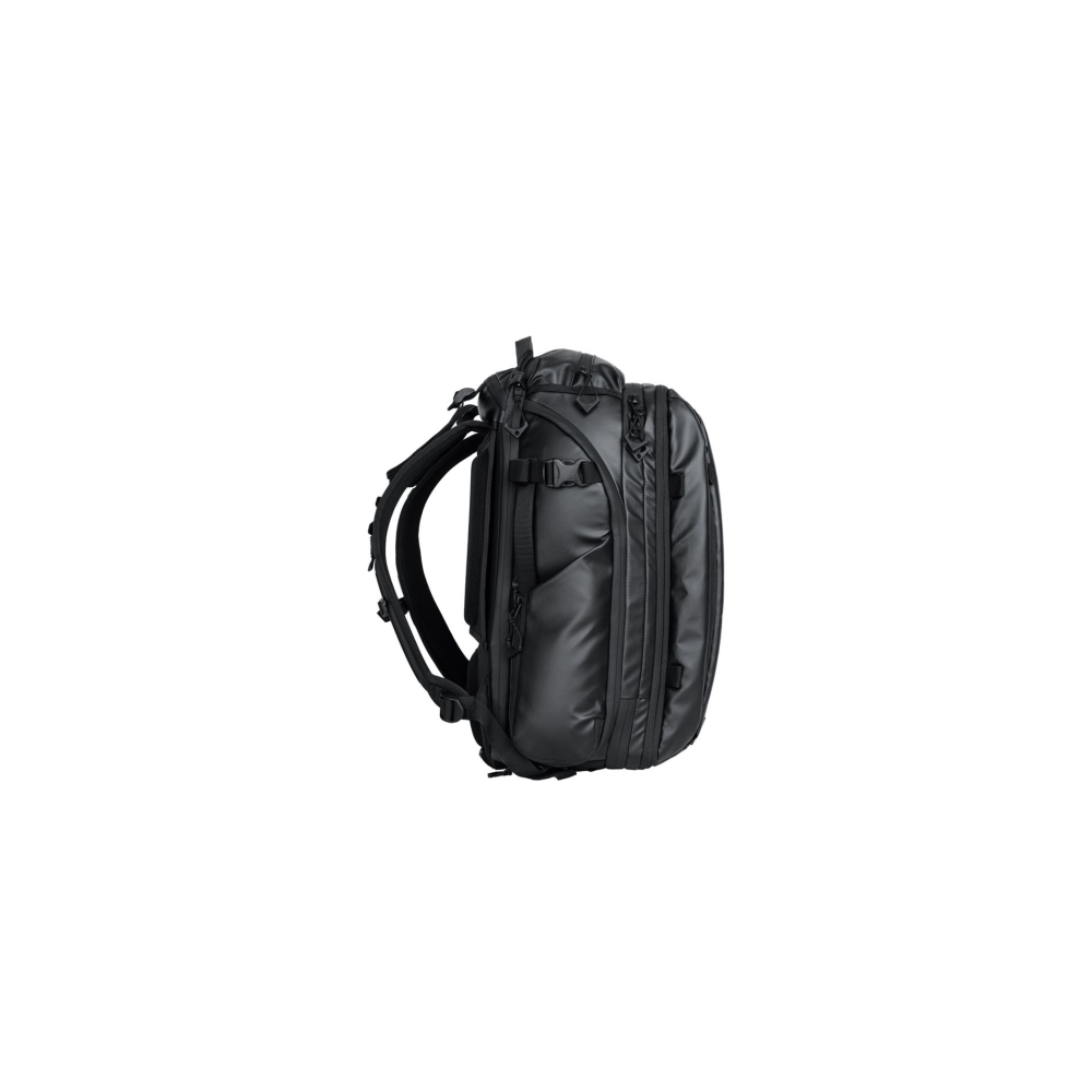 A black backpack with straps and zippers, isolated on a white background.