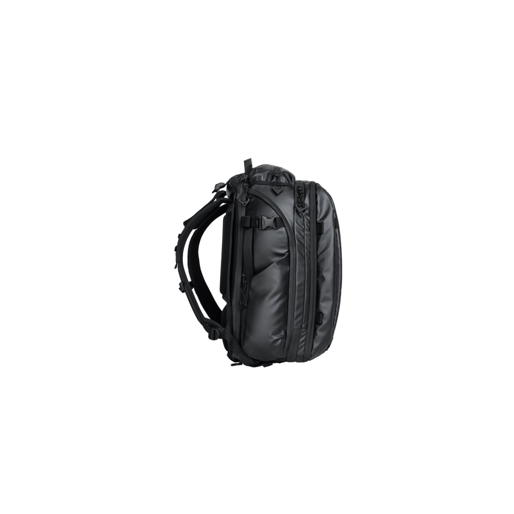 A black backpack with padded shoulder straps and multiple zippered compartments.