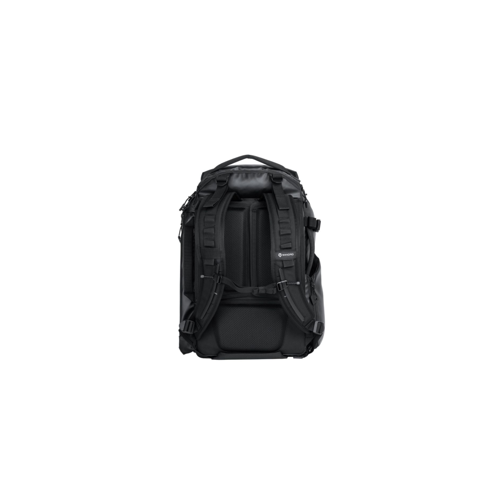 Back view of a black backpack with padded straps and a breathable mesh back.