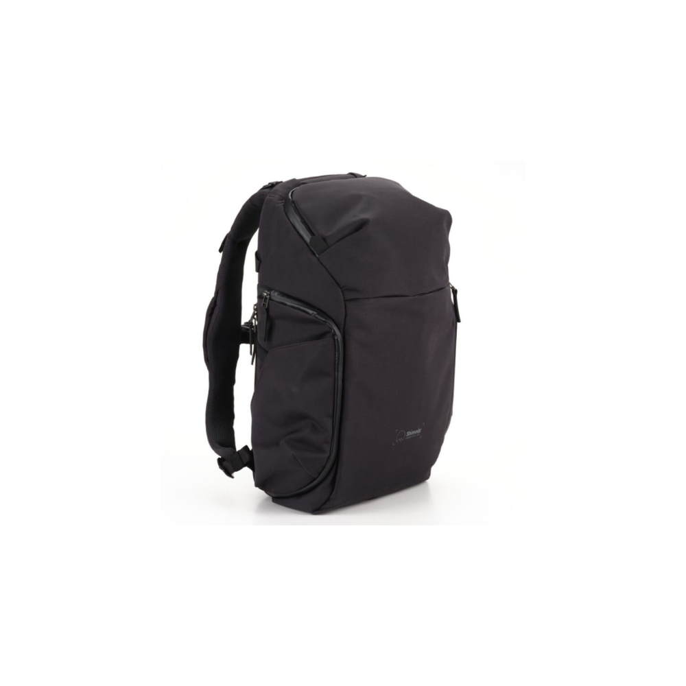 A black backpack with multiple zippered pockets and straps is shown against a white background.