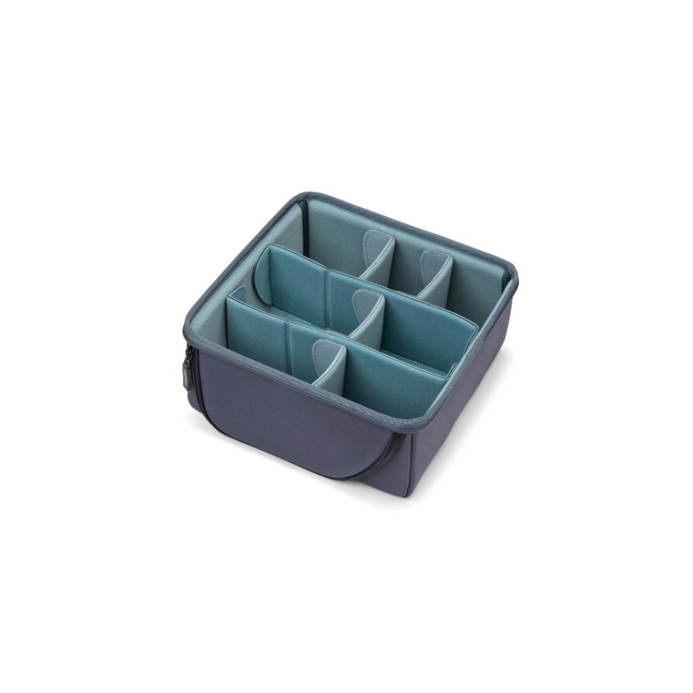 A gray organizer with blue dividers inside a rectangular bag.