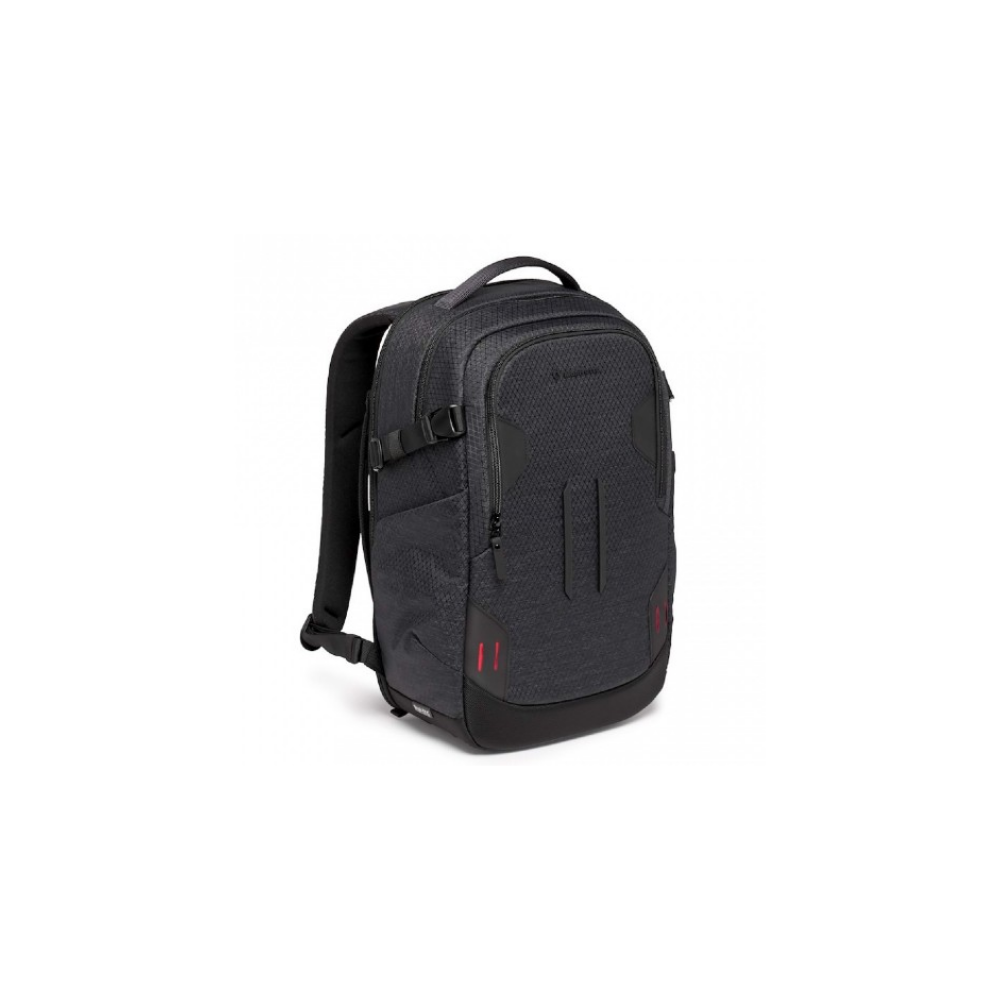 A black backpack with red accents stands isolated on a white background.