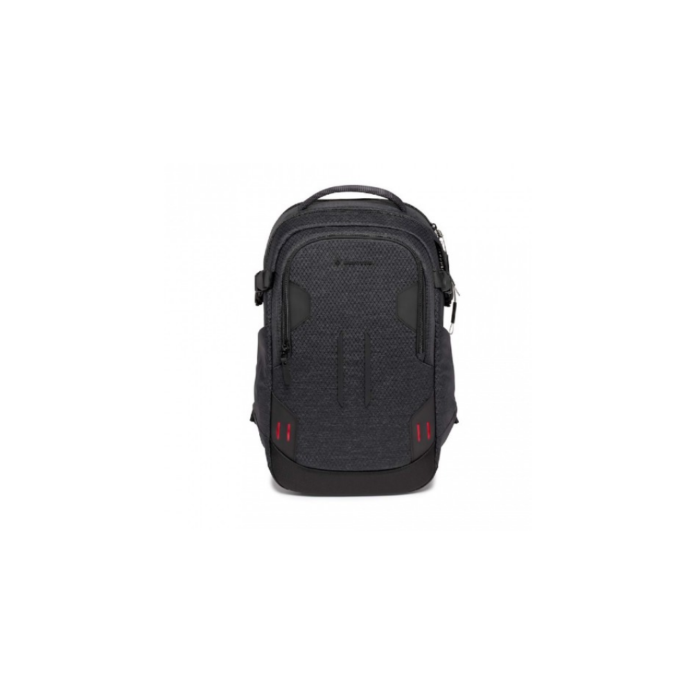 A dark gray backpack with red accents and zippers.