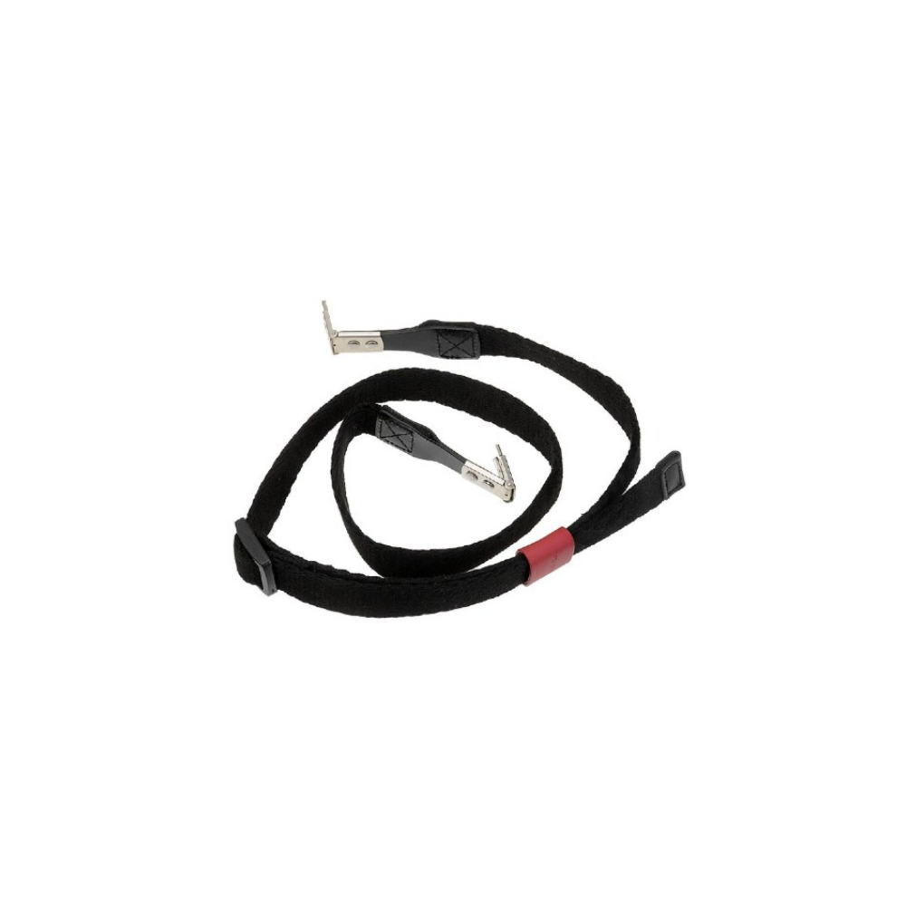 A black strap with metal clips and a red accent.