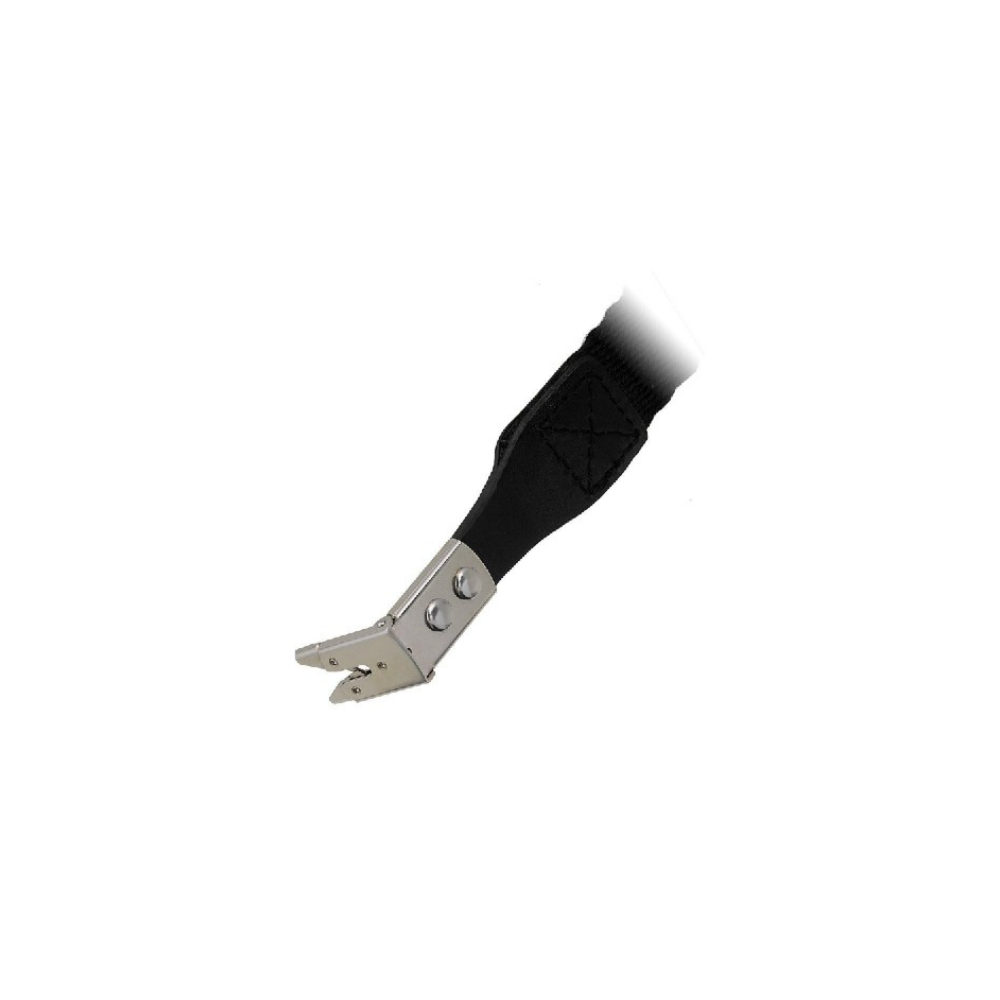 A black strap with a silver clamp and two rivets.