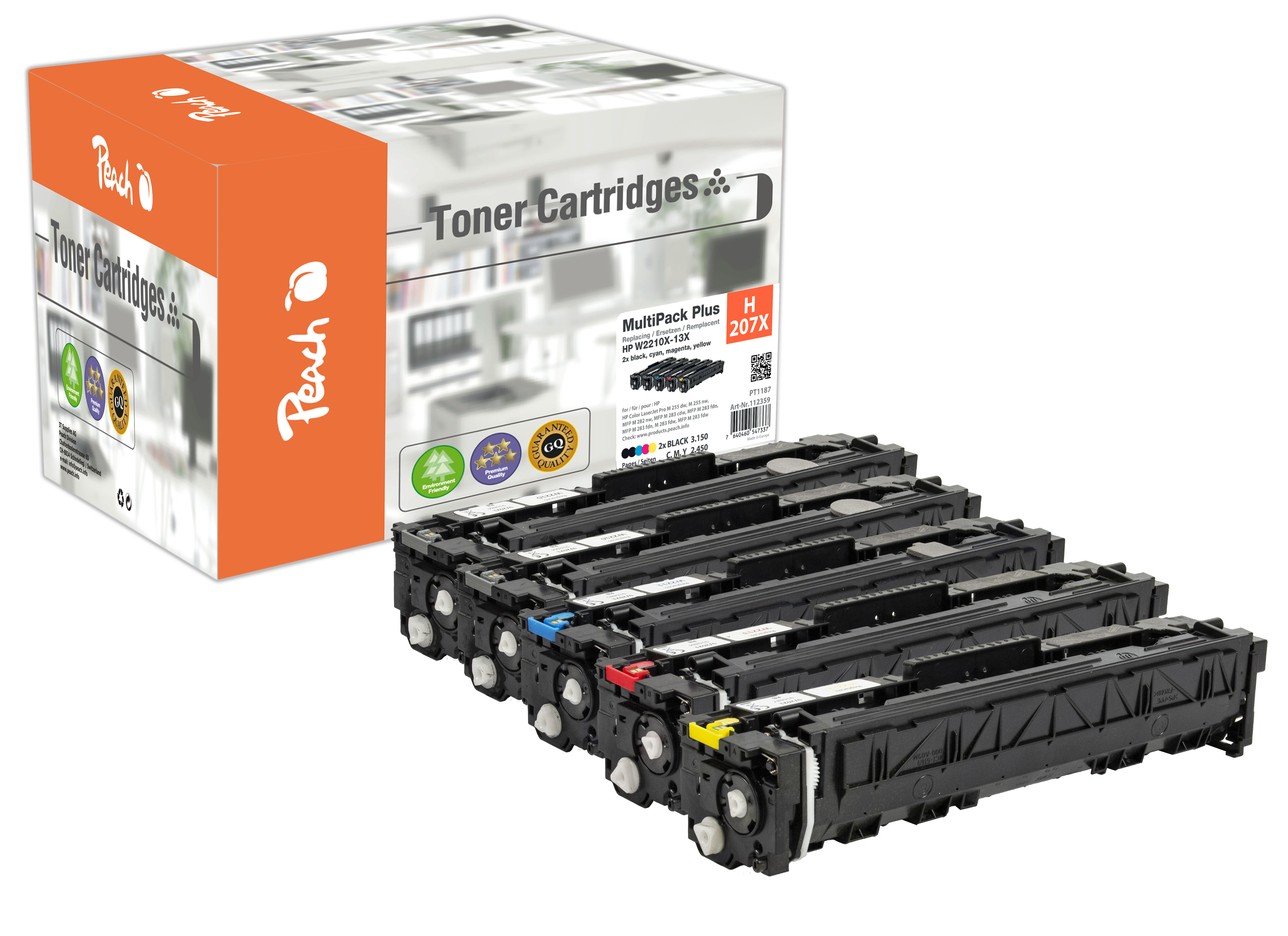 Multipack toner Peach con 4 cartucce per stampanti HP. Include 2x nero, ciano, magenta, giallo.