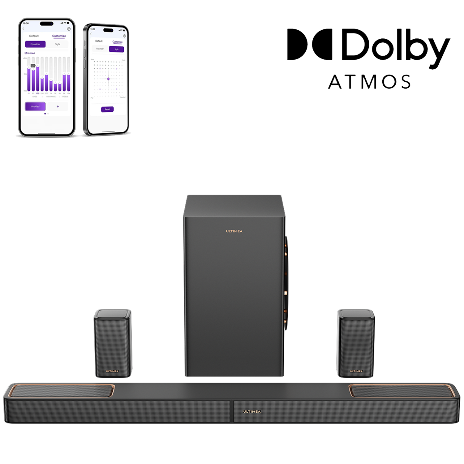 Dolby Atmos logo boven een zwarte soundbar, subwoofer en twee satellietluidsprekers.