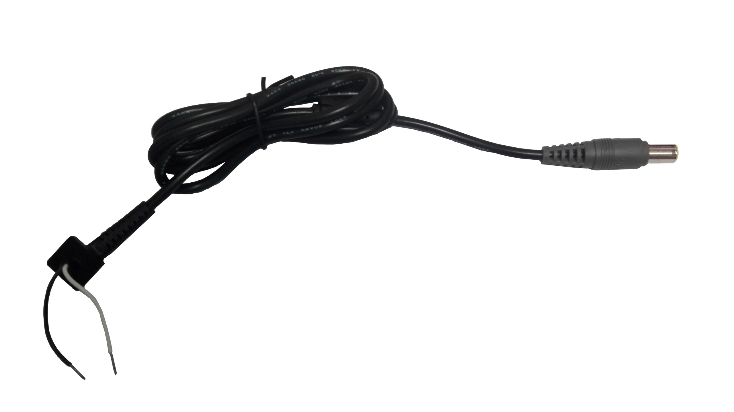 Czarny kabel zasilający ze zwiniętą sekcją i dwoma złączami, jednym szarym cylindrycznym i jednym kątowym z odsłoniętymi przewodami.