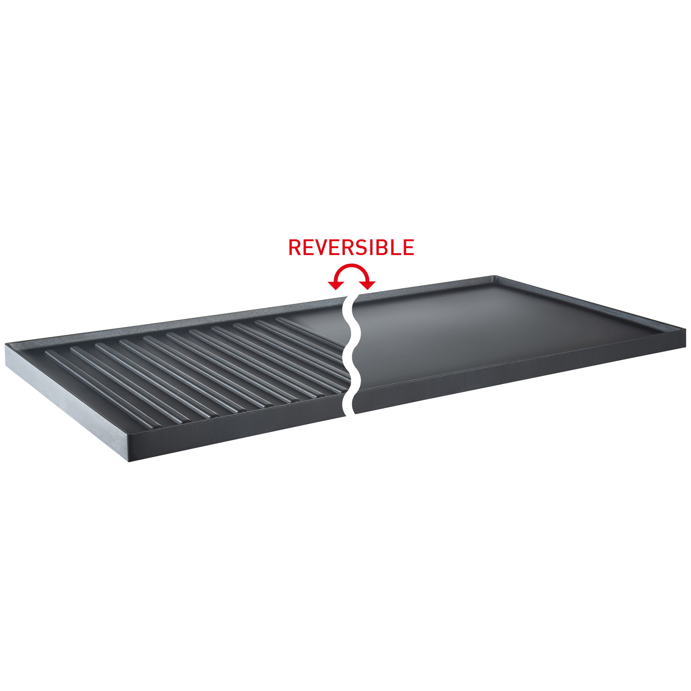 A black reversible griddle plate, ribbed on one side and flat on the other.