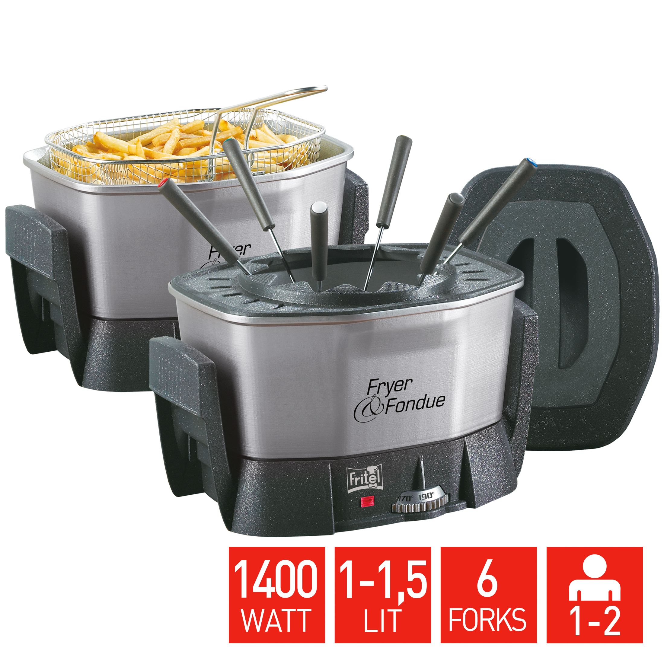 Fryer and fondue pot with fries in basket and six forks.