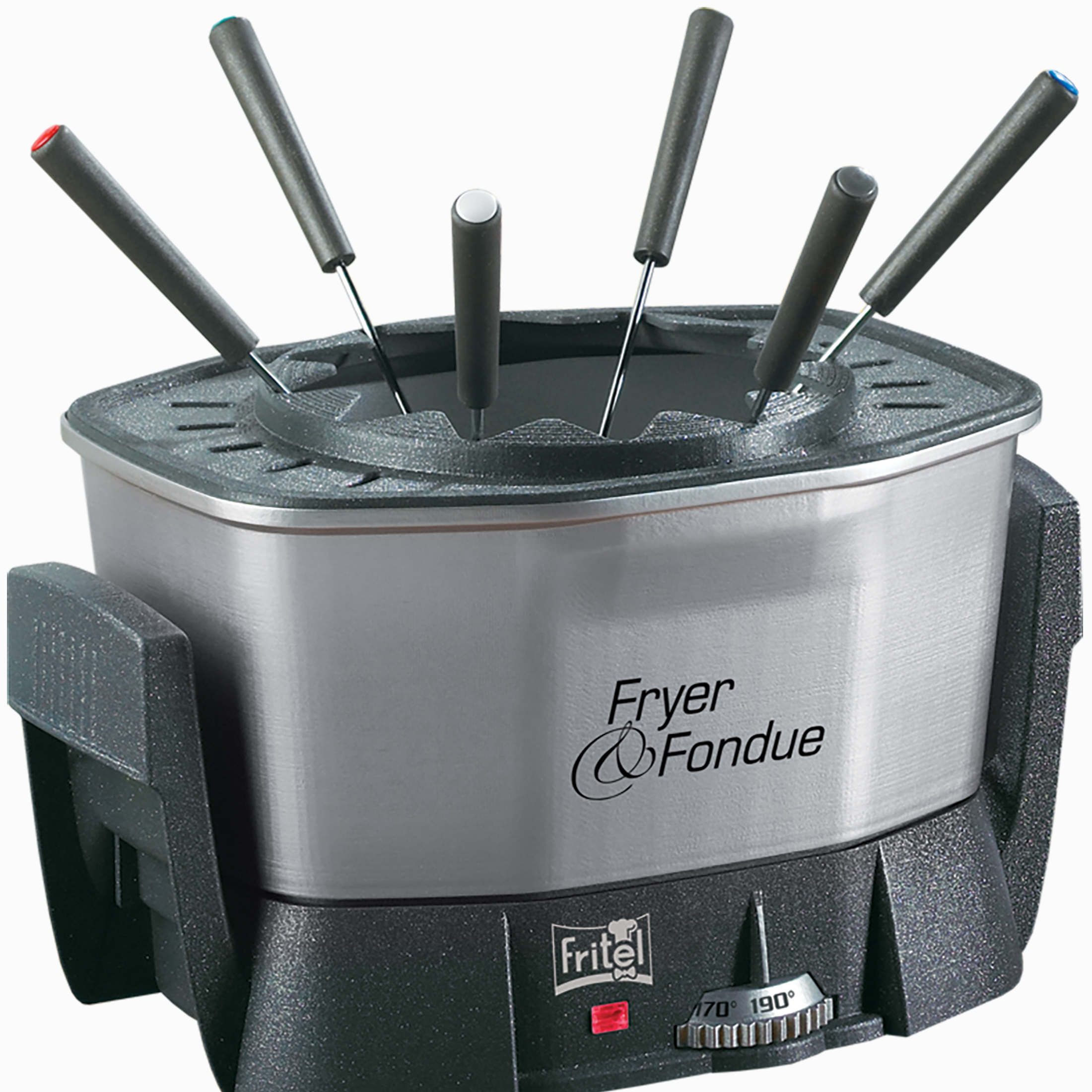 A silver and black fryer fondue pot with six fondue forks.