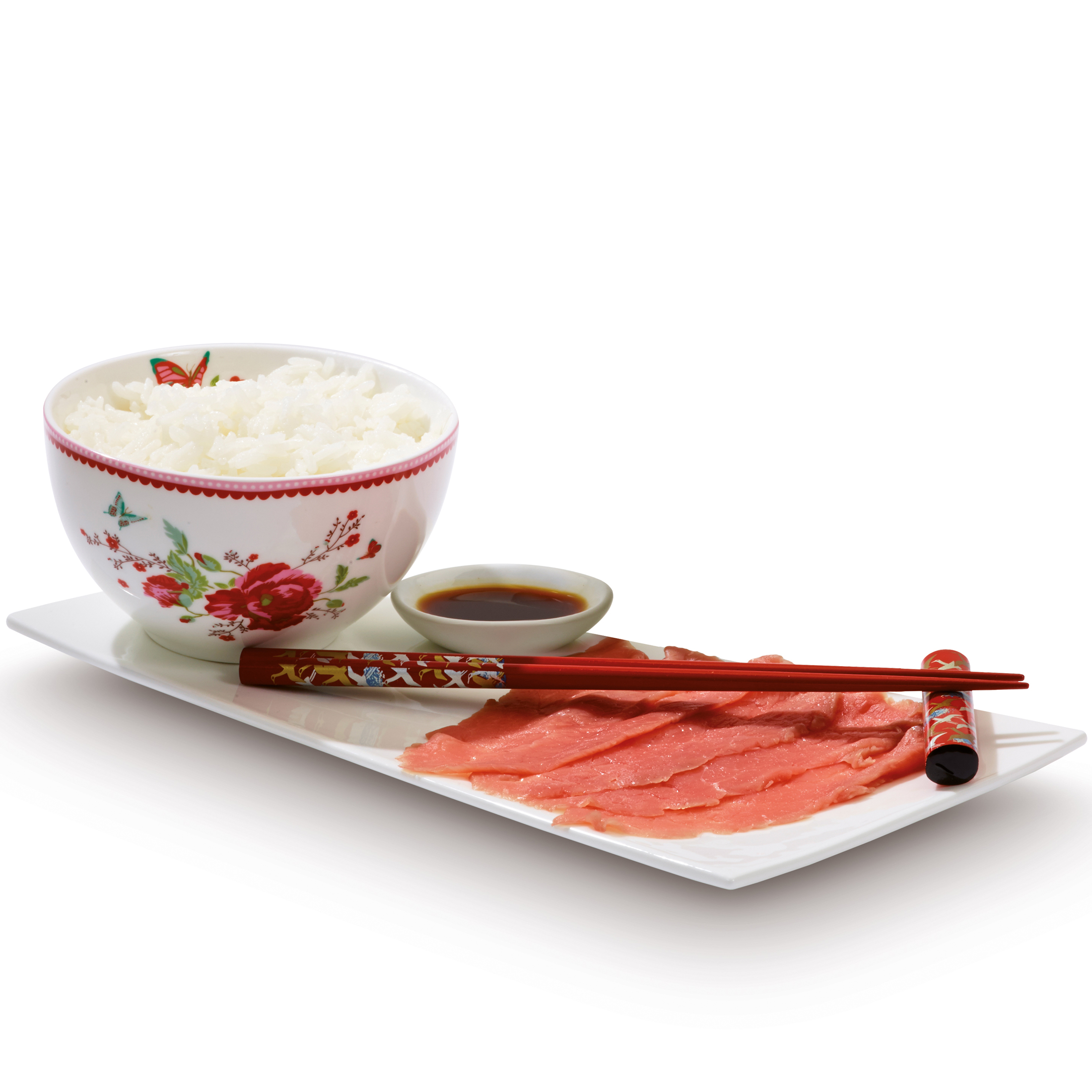 A bowl of rice, soy sauce, and raw meat on a plate with chopsticks.