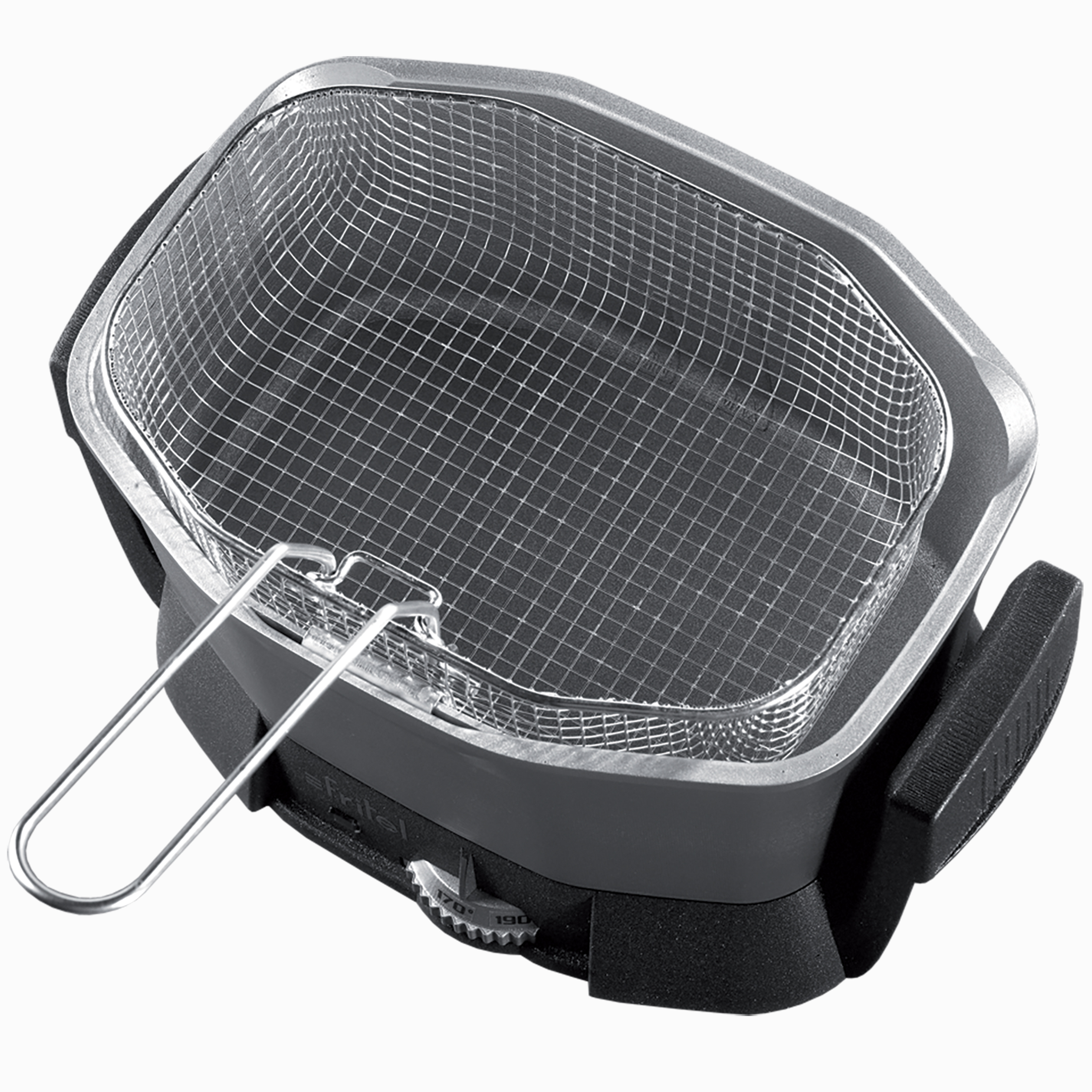 A silver frying basket with a silver handle on a black housing with a temperature dial.