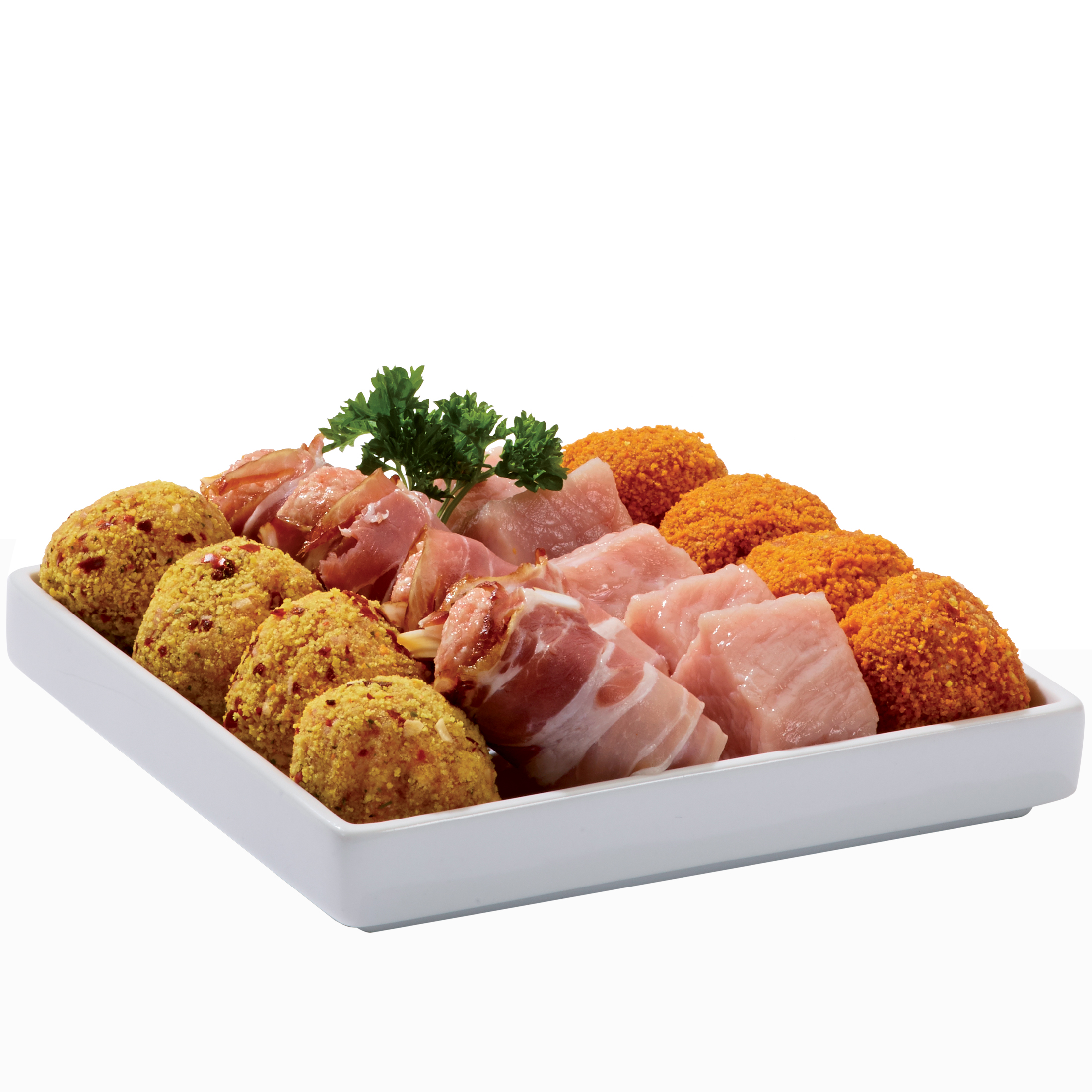 A white dish with raw meat, croquettes, and bacon-wrapped items.