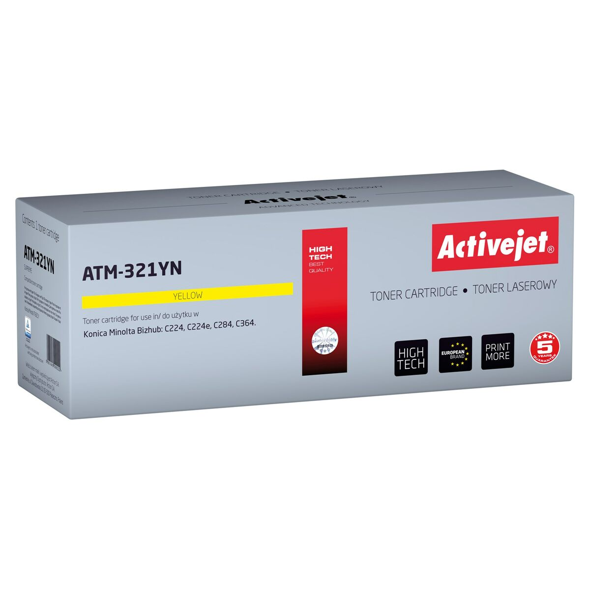 Opakowanie żółtego tonera Activejet ATM-321YN, kompatybilne z Konica Minolta.