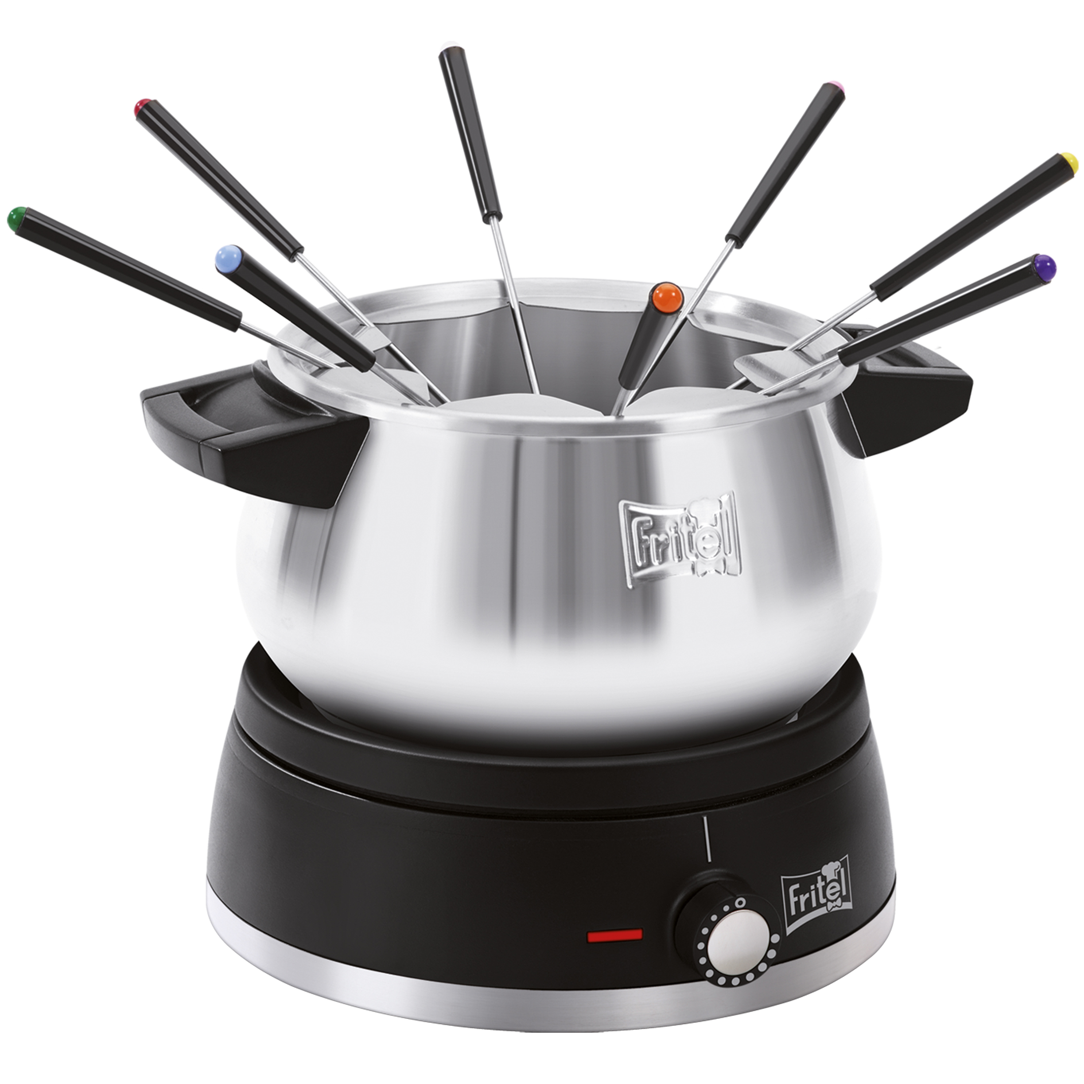 A silver fondue pot with a black base and eight colored fondue forks.