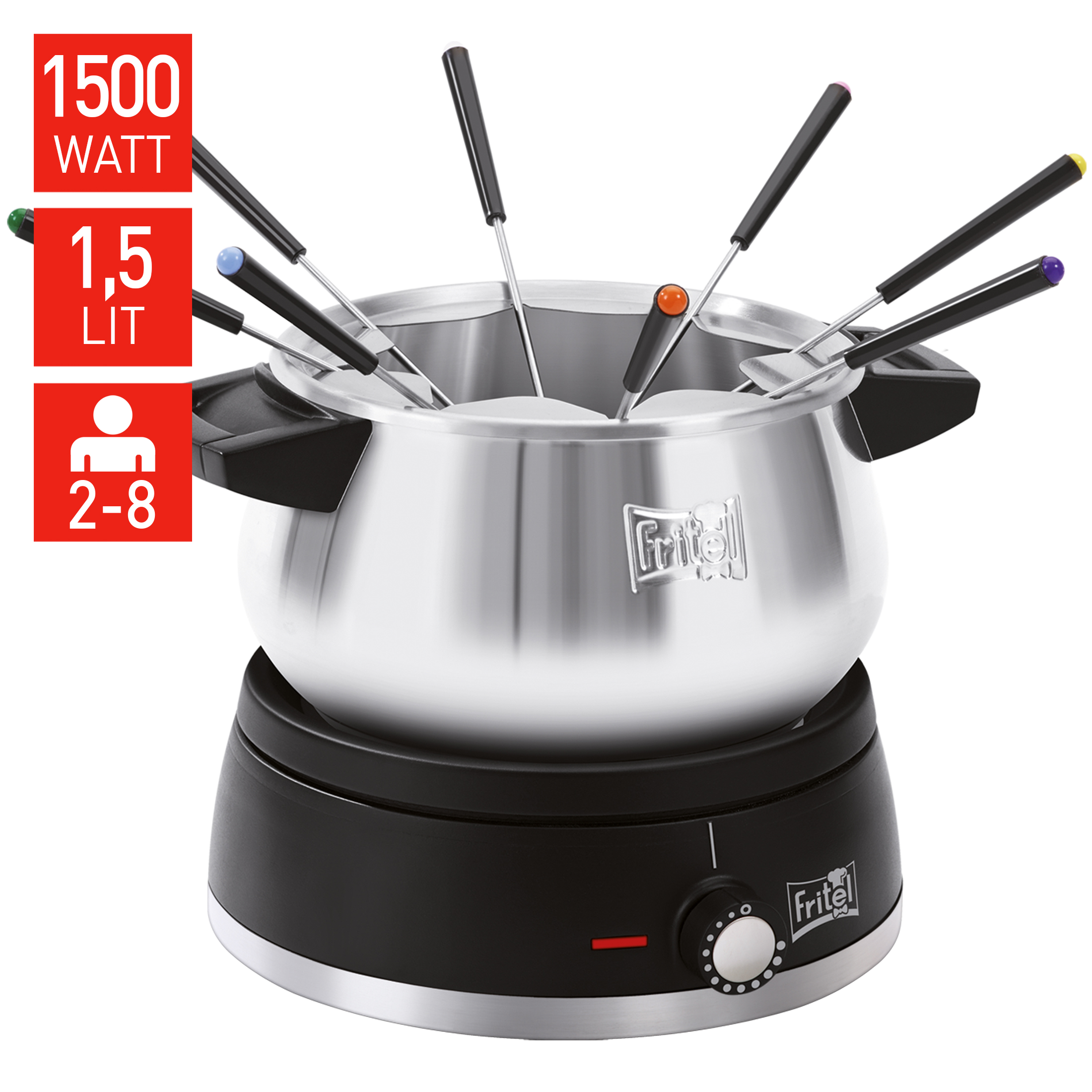 Stainless steel fondue pot with 8 colored fondue forks on a black base.