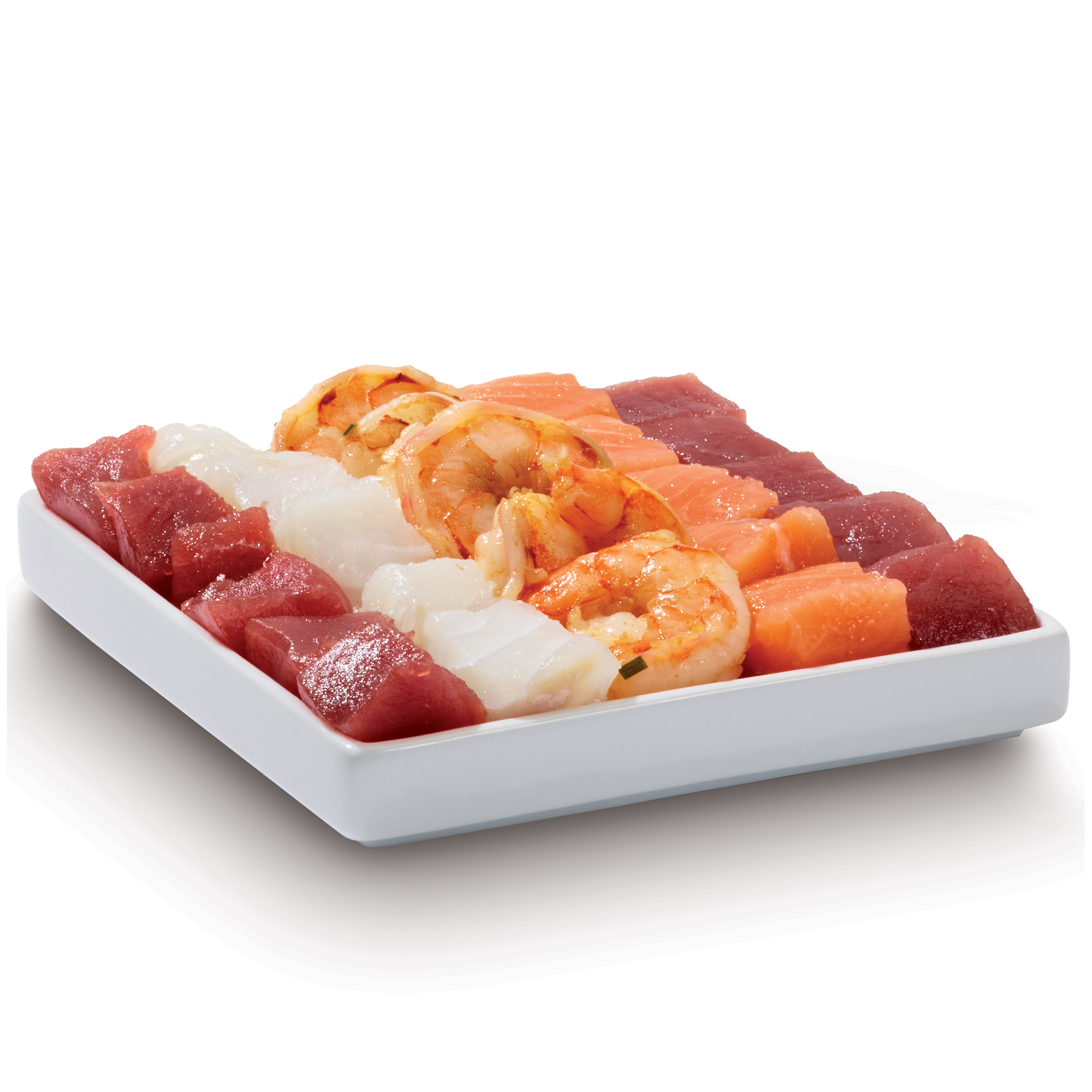Cooked shrimp, red tuna, salmon, and white fish arranged on a white platter.