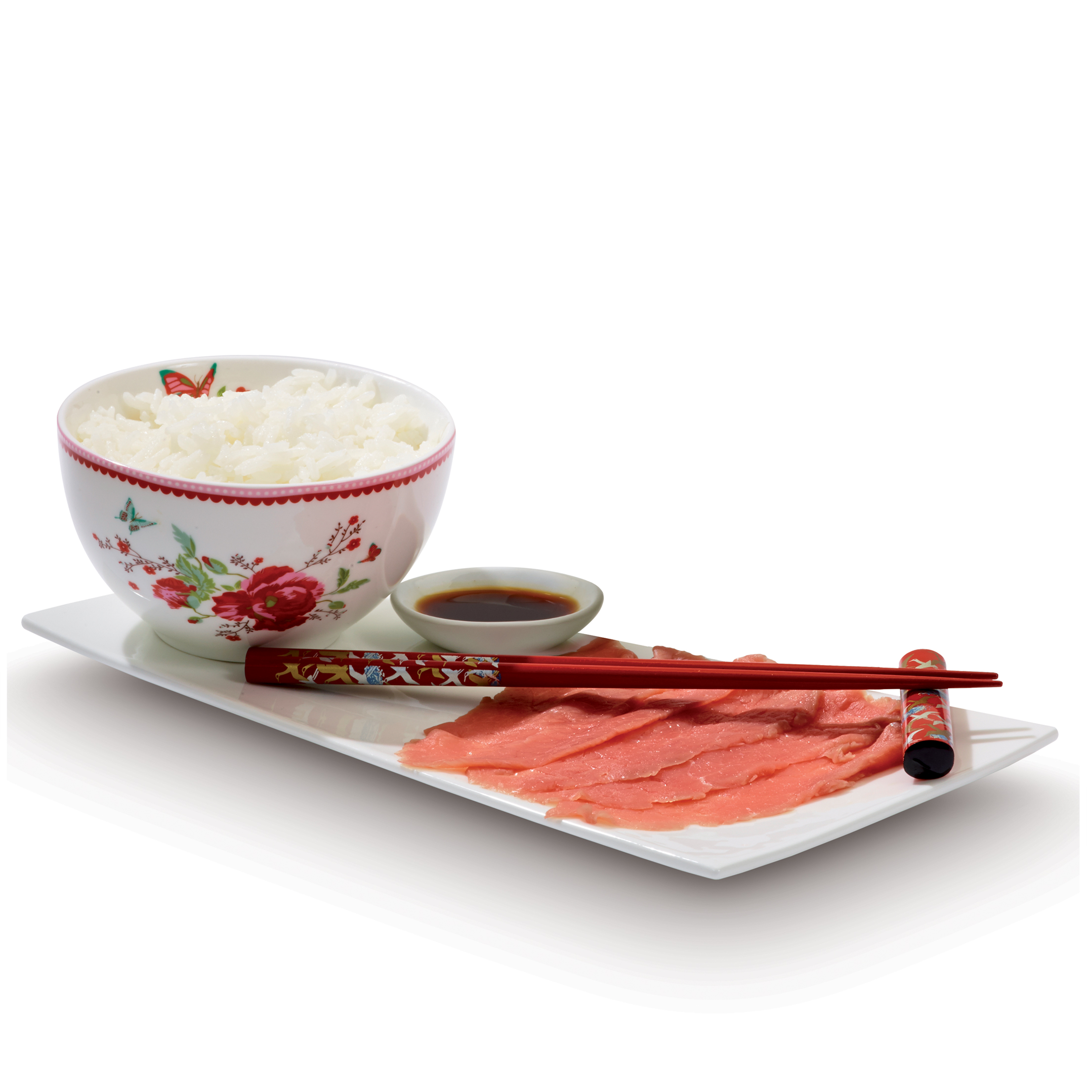 Bowl of rice, soy sauce, raw fish, and chopsticks on a plate.