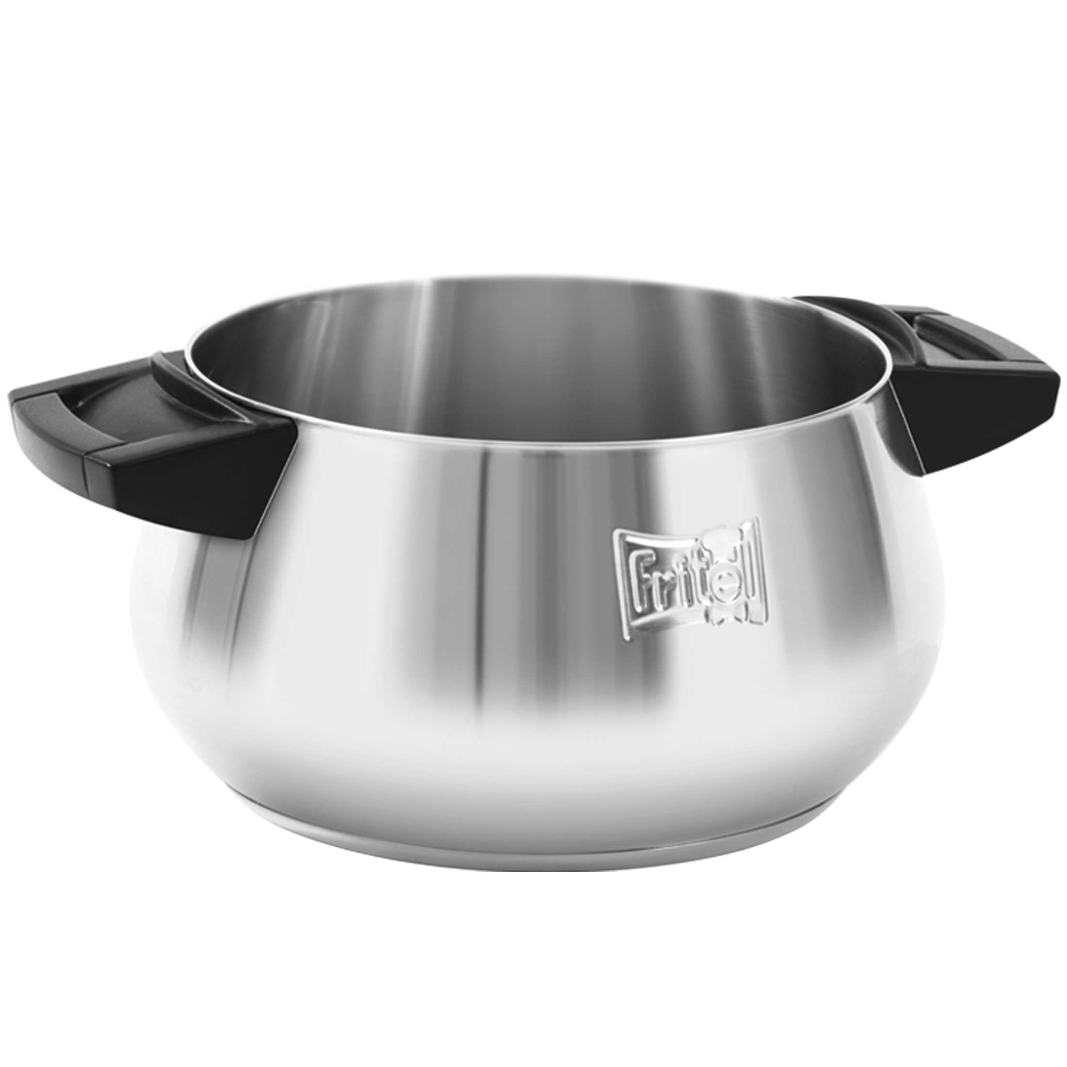 A shiny metal pot with black handles and a logo.