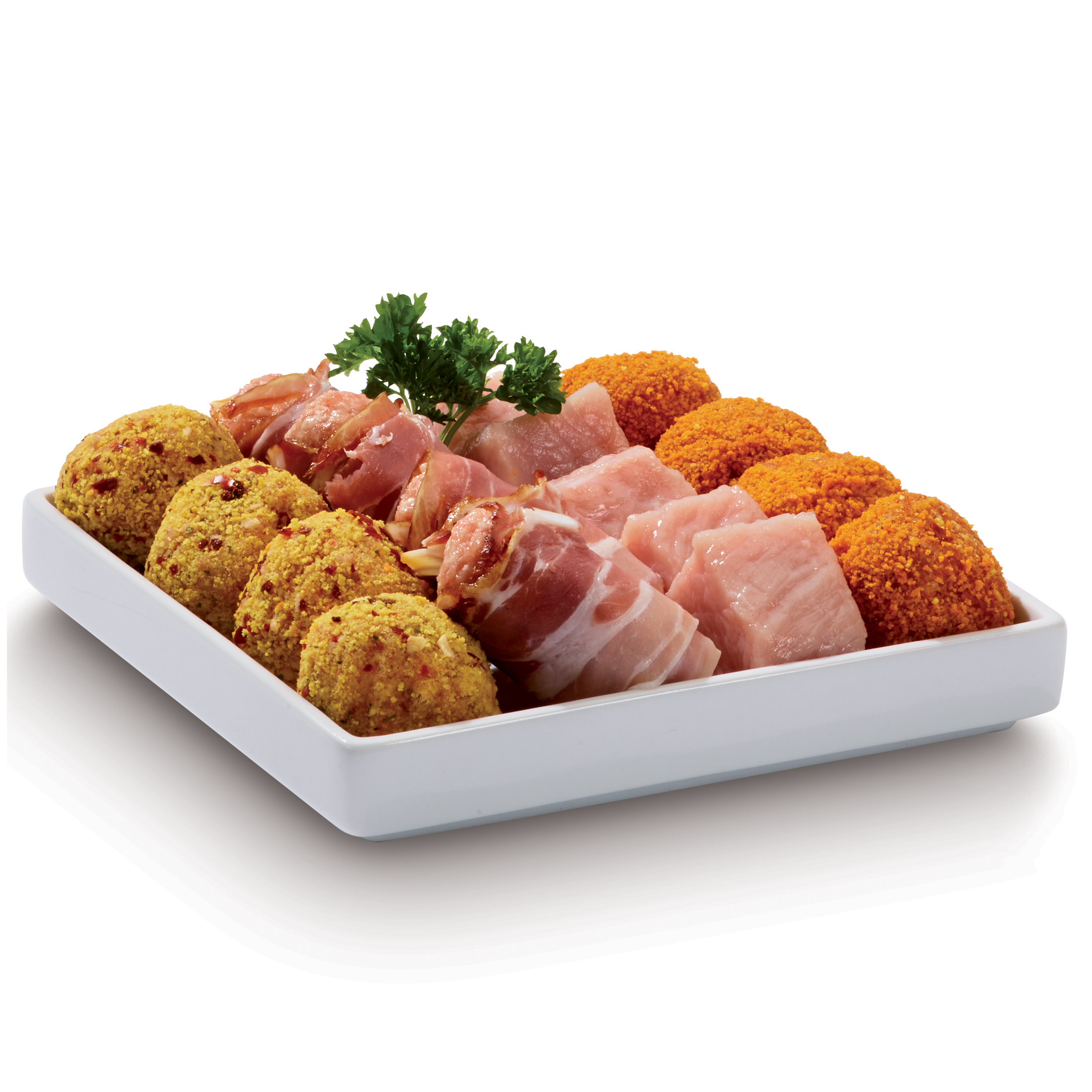 A white rectangular tray with raw meat, breaded balls, and garnish.