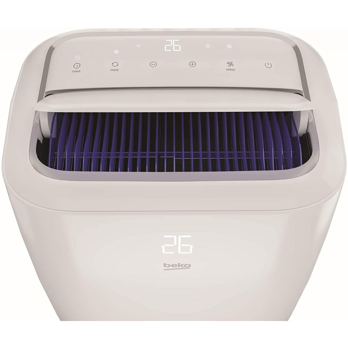 Deumidificatore Beko bianco con display digitale che mostra 26 e lamelle viola.