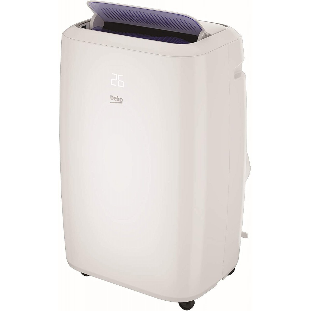 Un condizionatore portatile bianco con display digitale e lamelle viola.