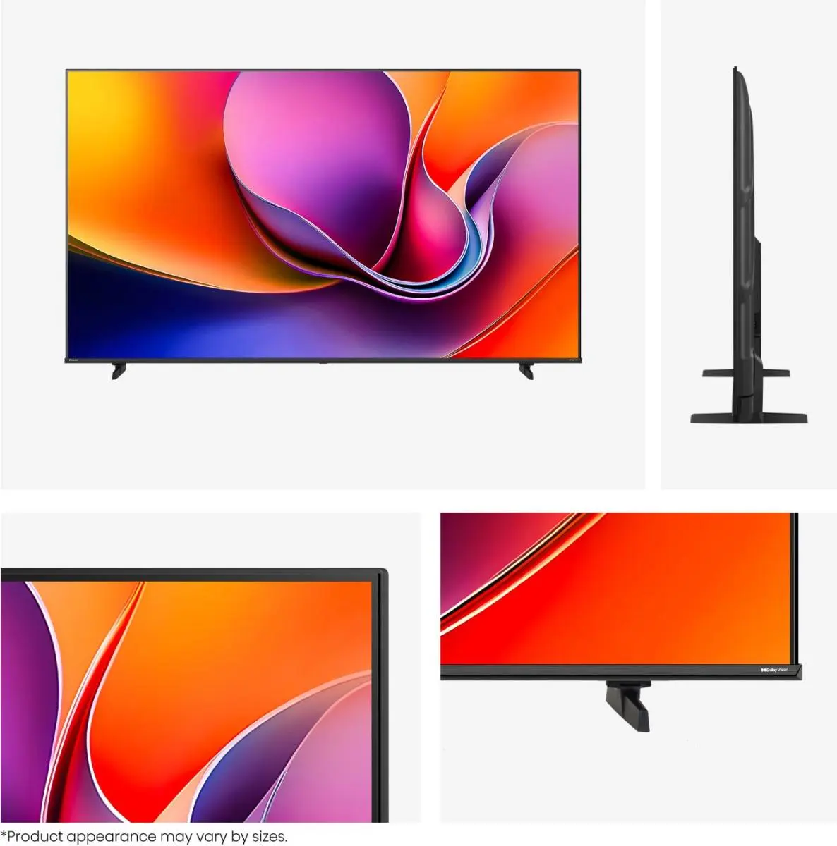 Una moderna TV a schermo piatto con un display astratto colorato e un supporto elegante.