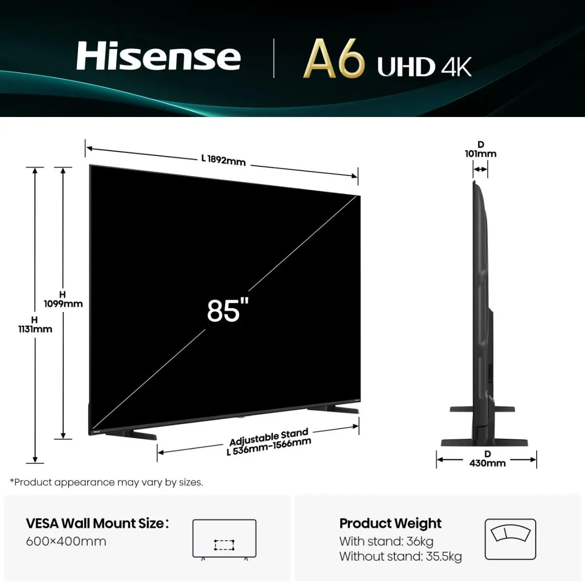 Dimensioni TV Hisense 85" UHD 4K: L 1892mm, H 1099/1131mm, P 101/430mm.