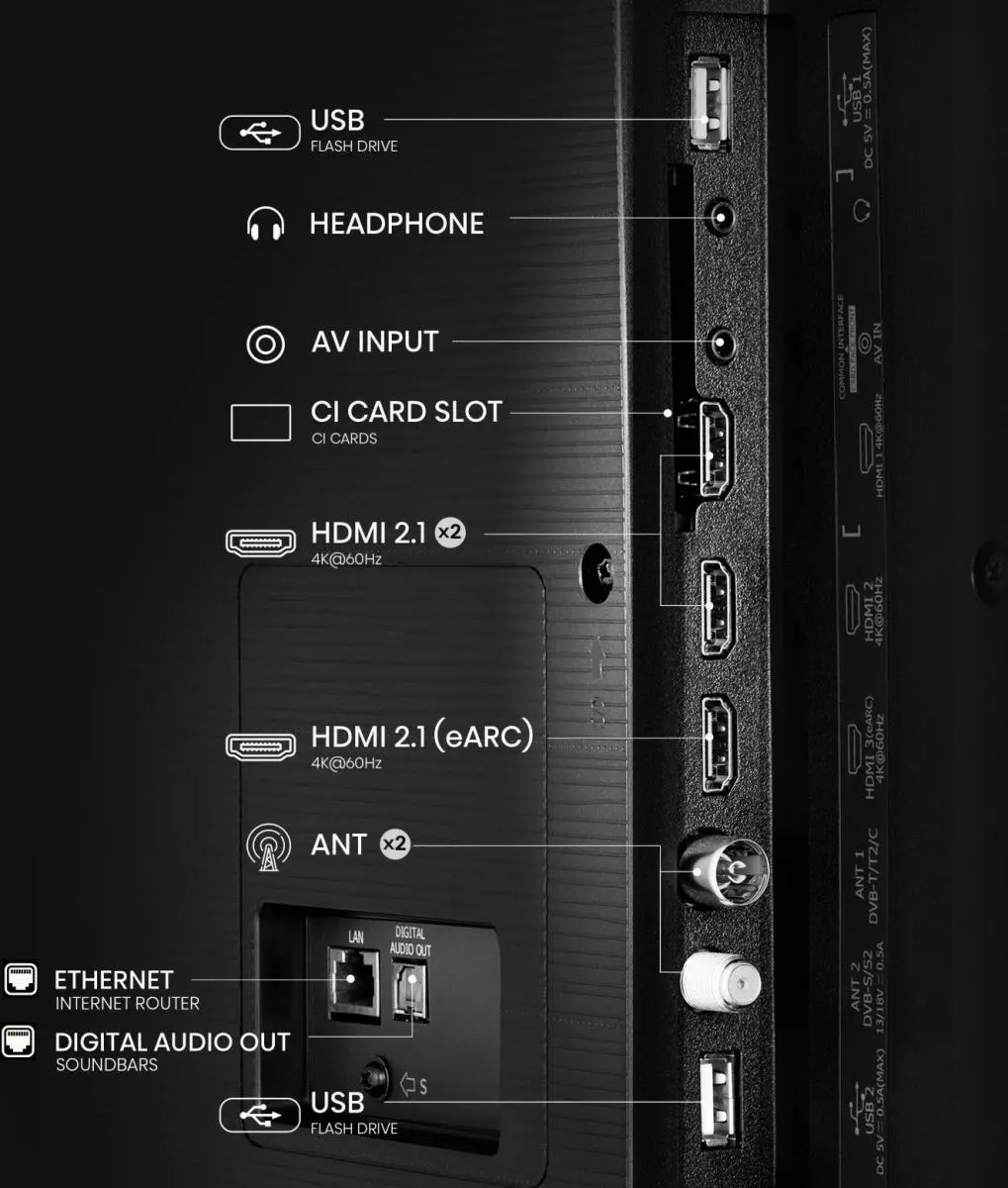 Pannello posteriore di una TV con porte come USB, HDMI, LAN e antenna.