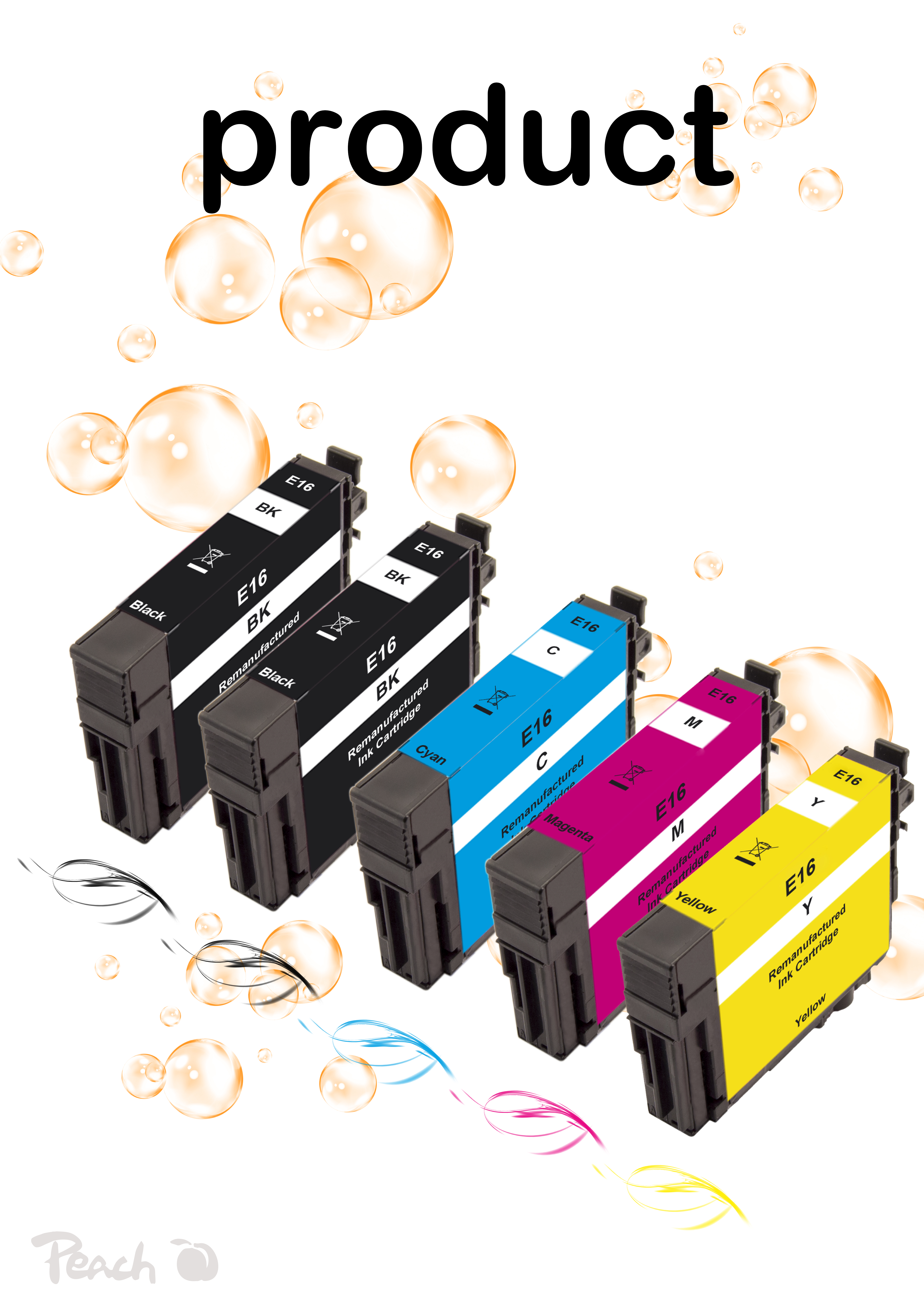 Quatre cartouches d'imprimante : Noir, Cyan, Magenta, Jaune, avec bulles et "product".