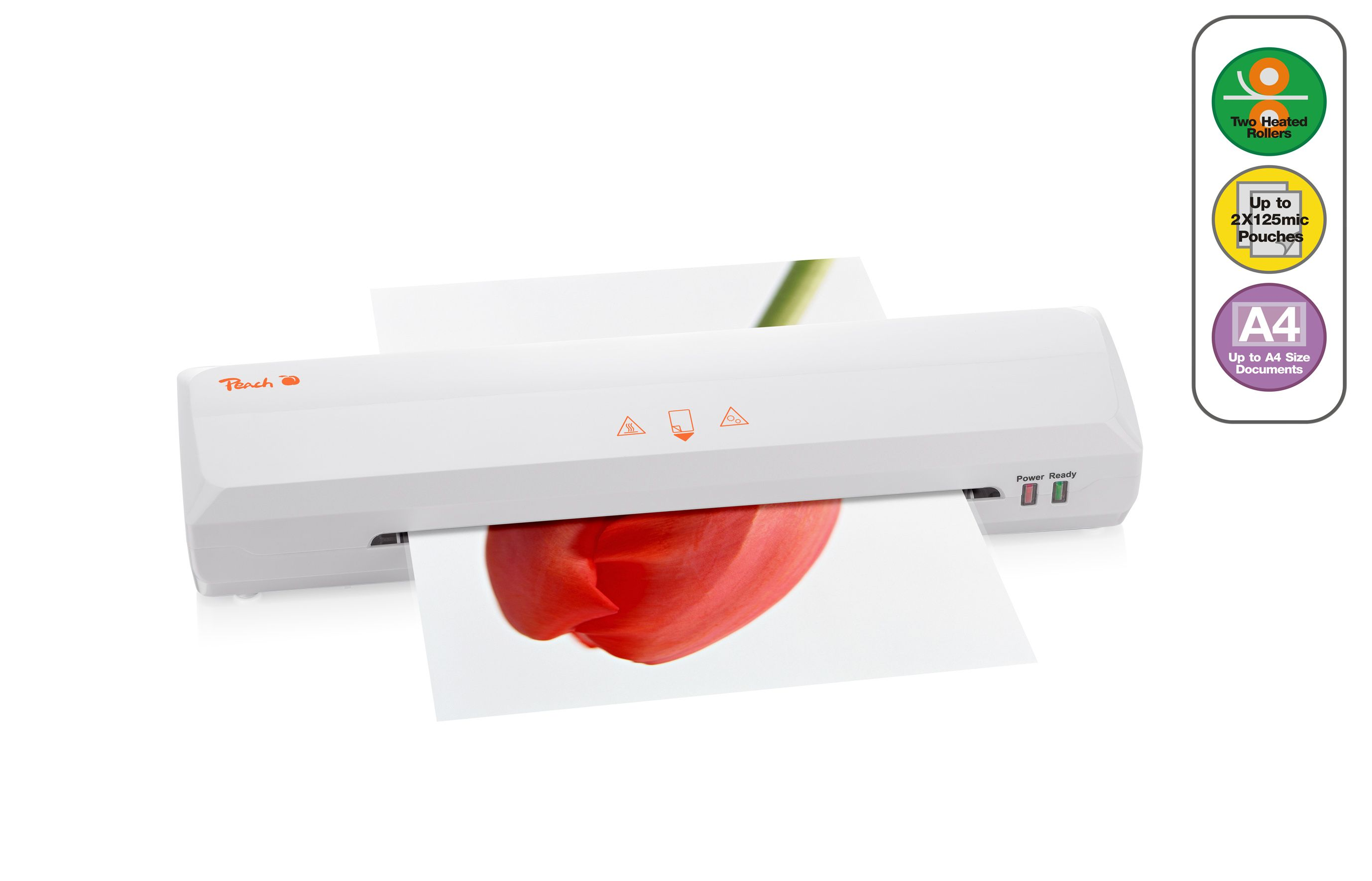Ein weißer Laminator mit einem roten Tulpenbild, das herauskommt.
