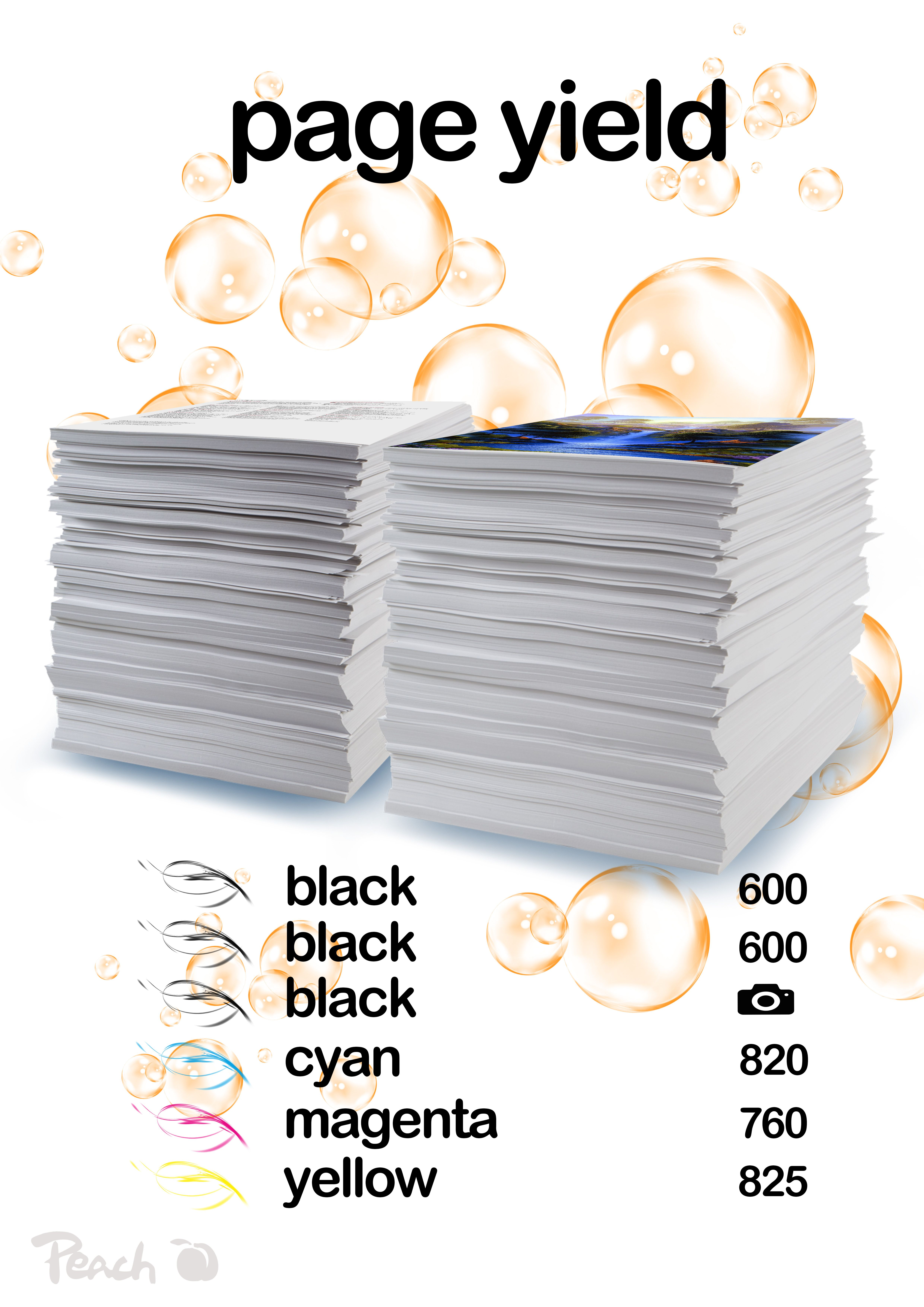 Due pile di carta, una con testo, una con immagine. Bolle e colori d'inchiostro.