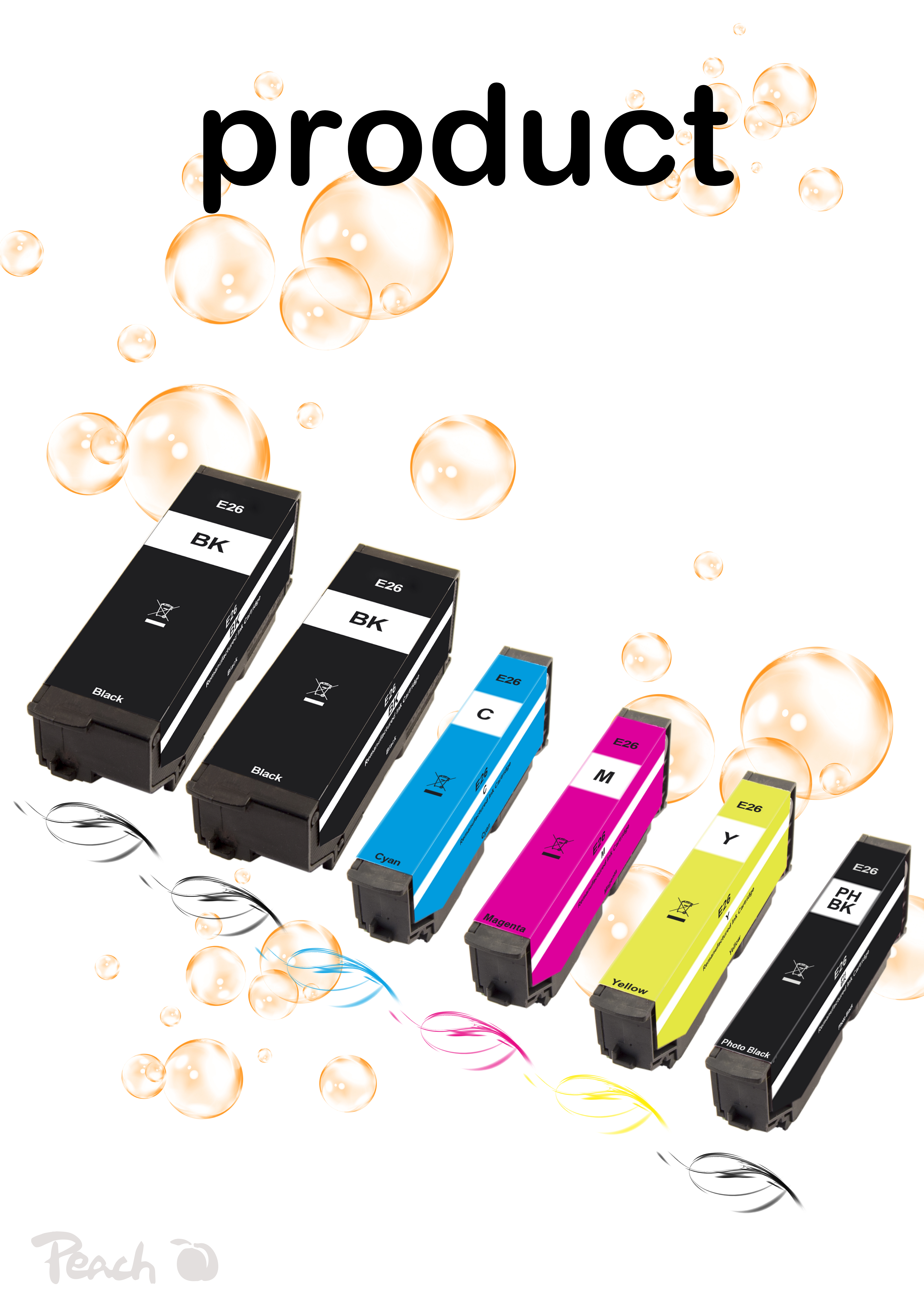 Cartouches d'encre multicolores sur fond blanc avec bulles et le mot produit.
