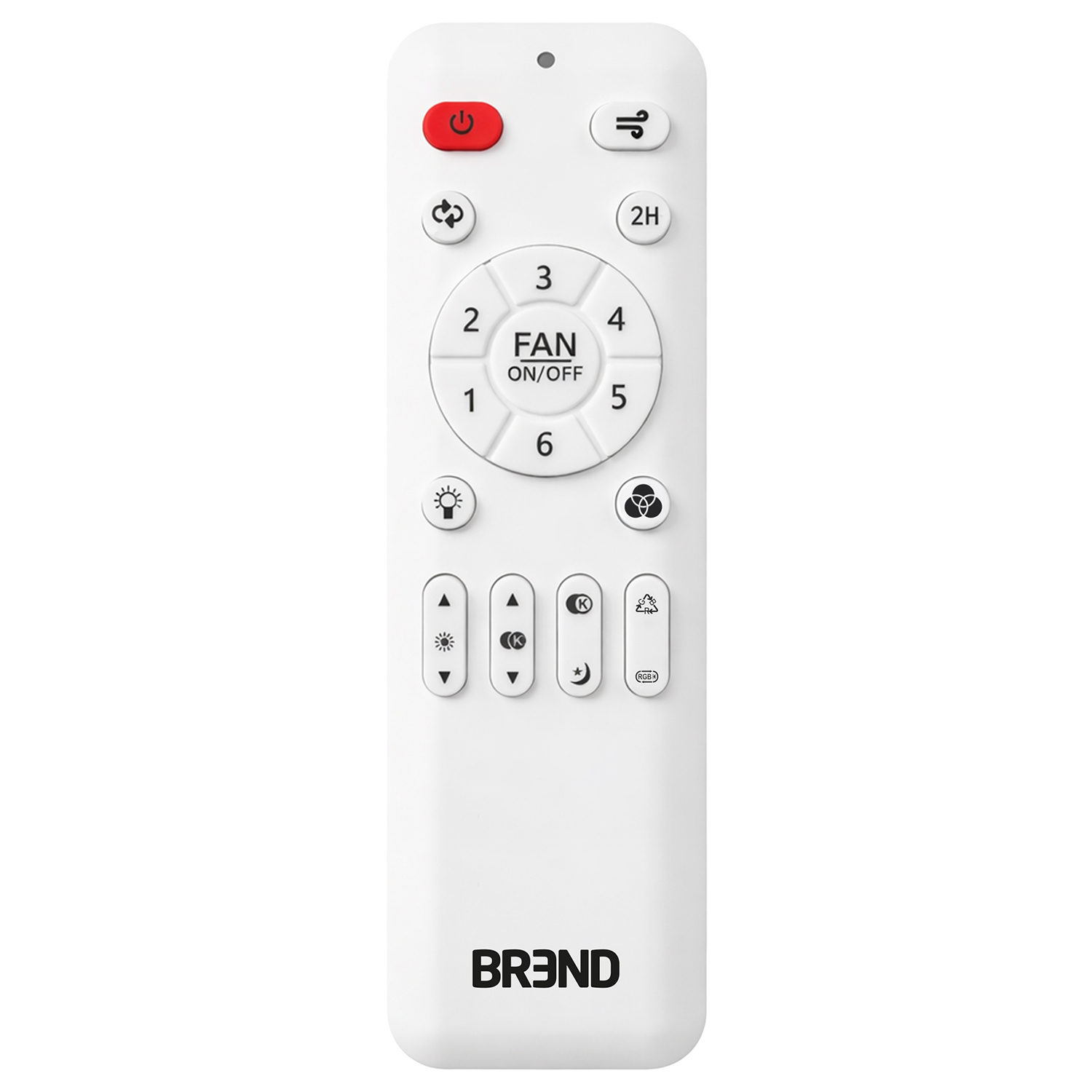 Télécommande blanche avec bouton d'alimentation rouge, commandes de ventilateur et de lumière.