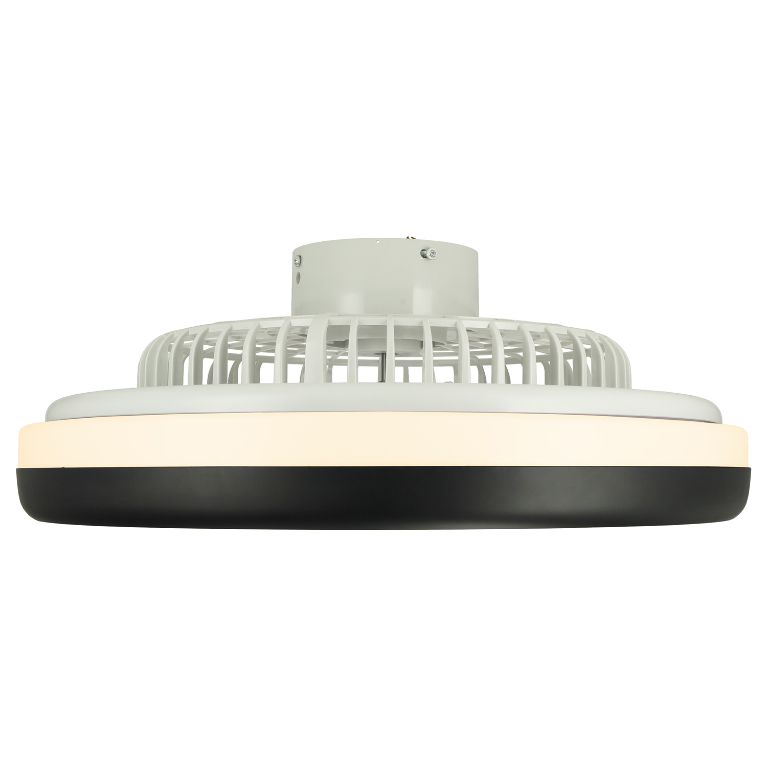 Un ventilateur de plafond blanc avec une base noire et un anneau éclairé.