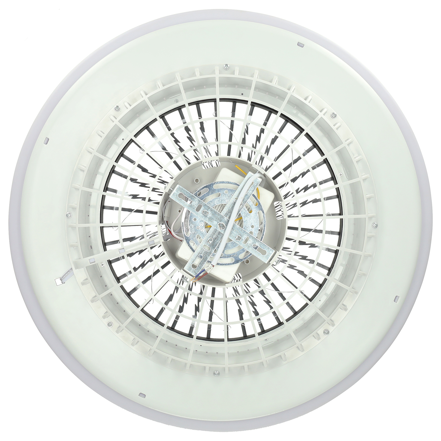 Dessous d'un plafonnier rond à bord blanc et grille ouverte.