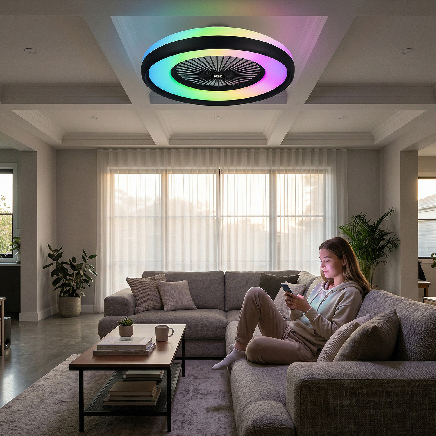 Een vrouw zit op een bank en gebruikt haar telefoon, verlicht door een plafondlamp.