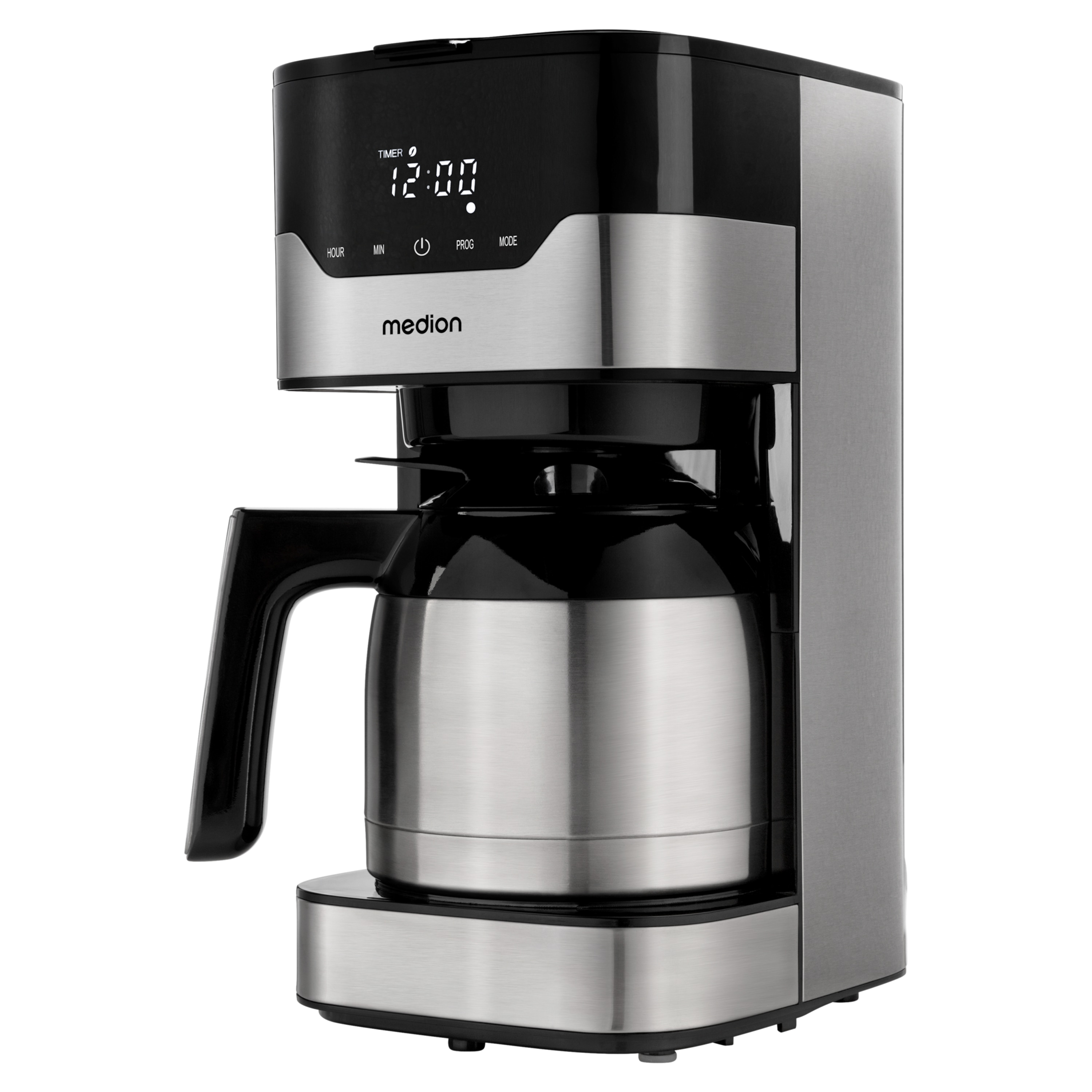 Kaffeemaschine mit Thermkanne und digitaler Zeitanzeige auf weißem Hintergrund.