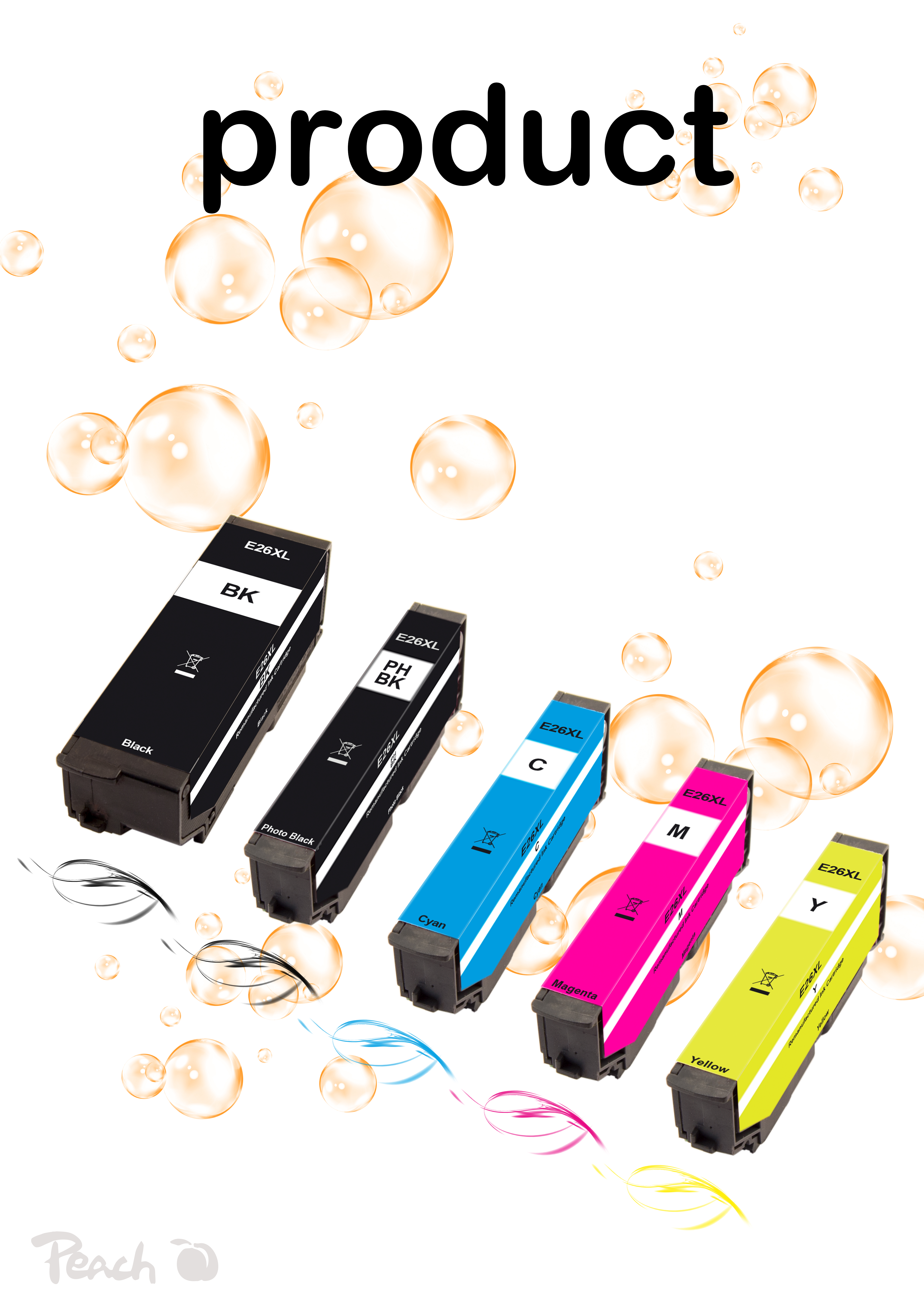 Fünf Tintenpatronen: Schwarz, Foto-Schwarz, Cyan, Magenta und Gelb.