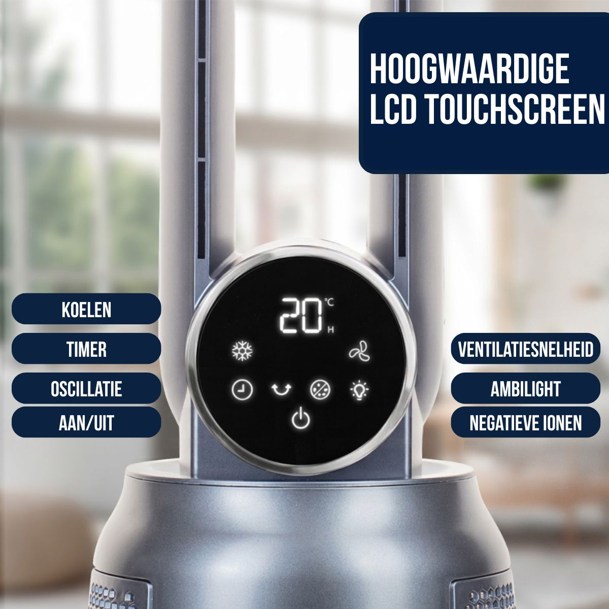 A modern fan with an LCD touchscreen displaying 20°C.